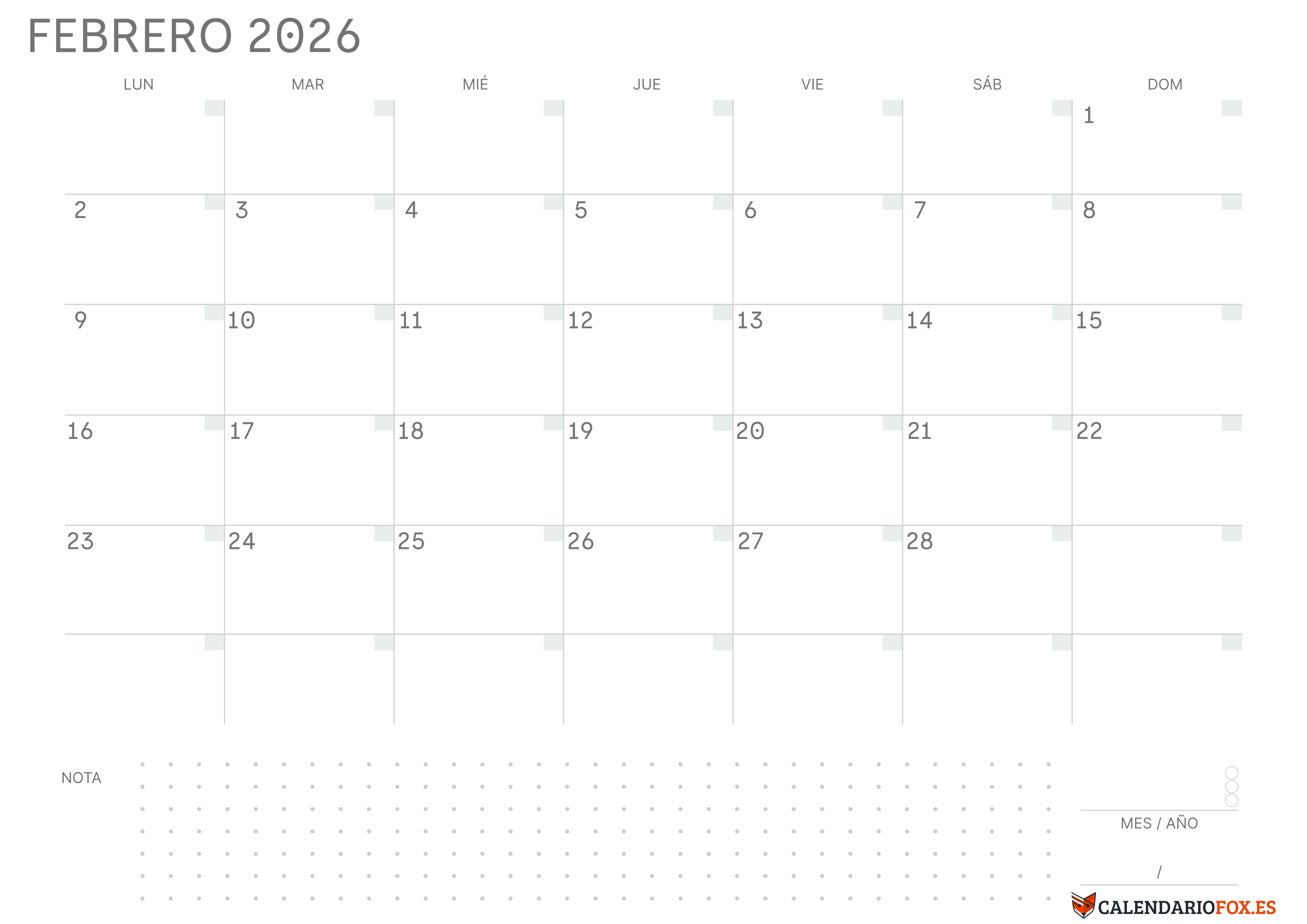 Calendario Febrero 2026 en Blanco