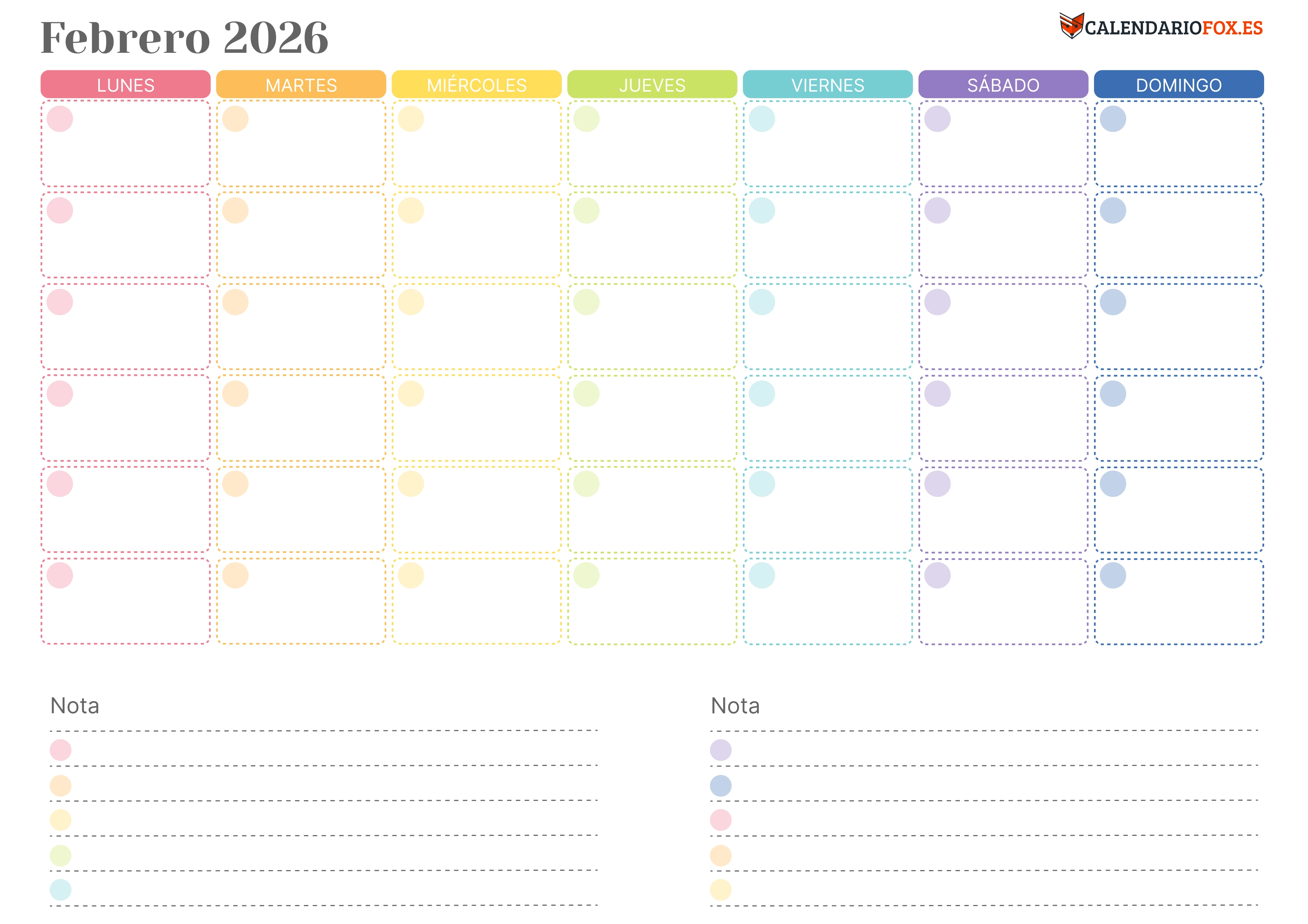 Calendario Febrero 2026 Colorido