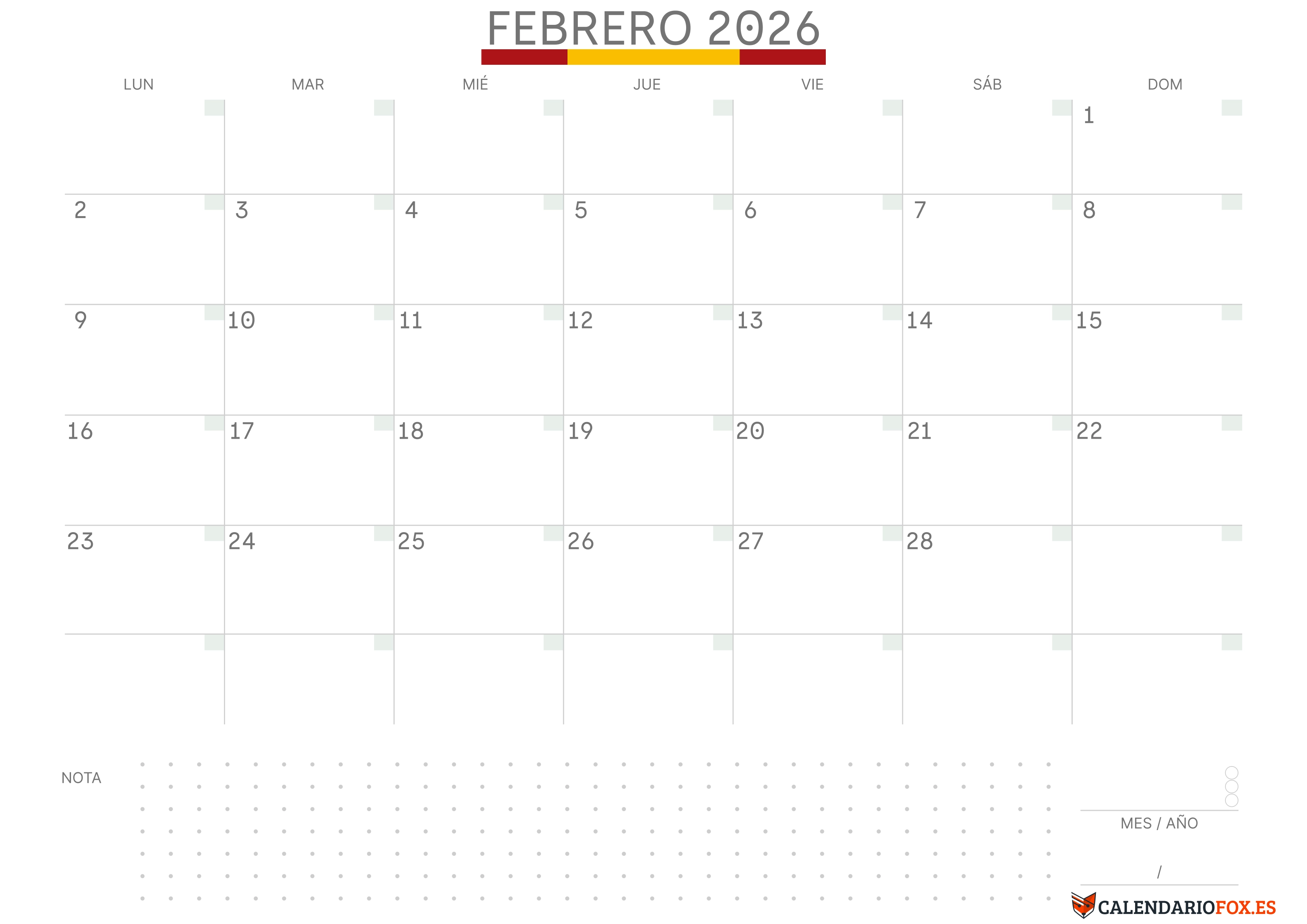 Calendario Febrero 2026 con Bandera de España