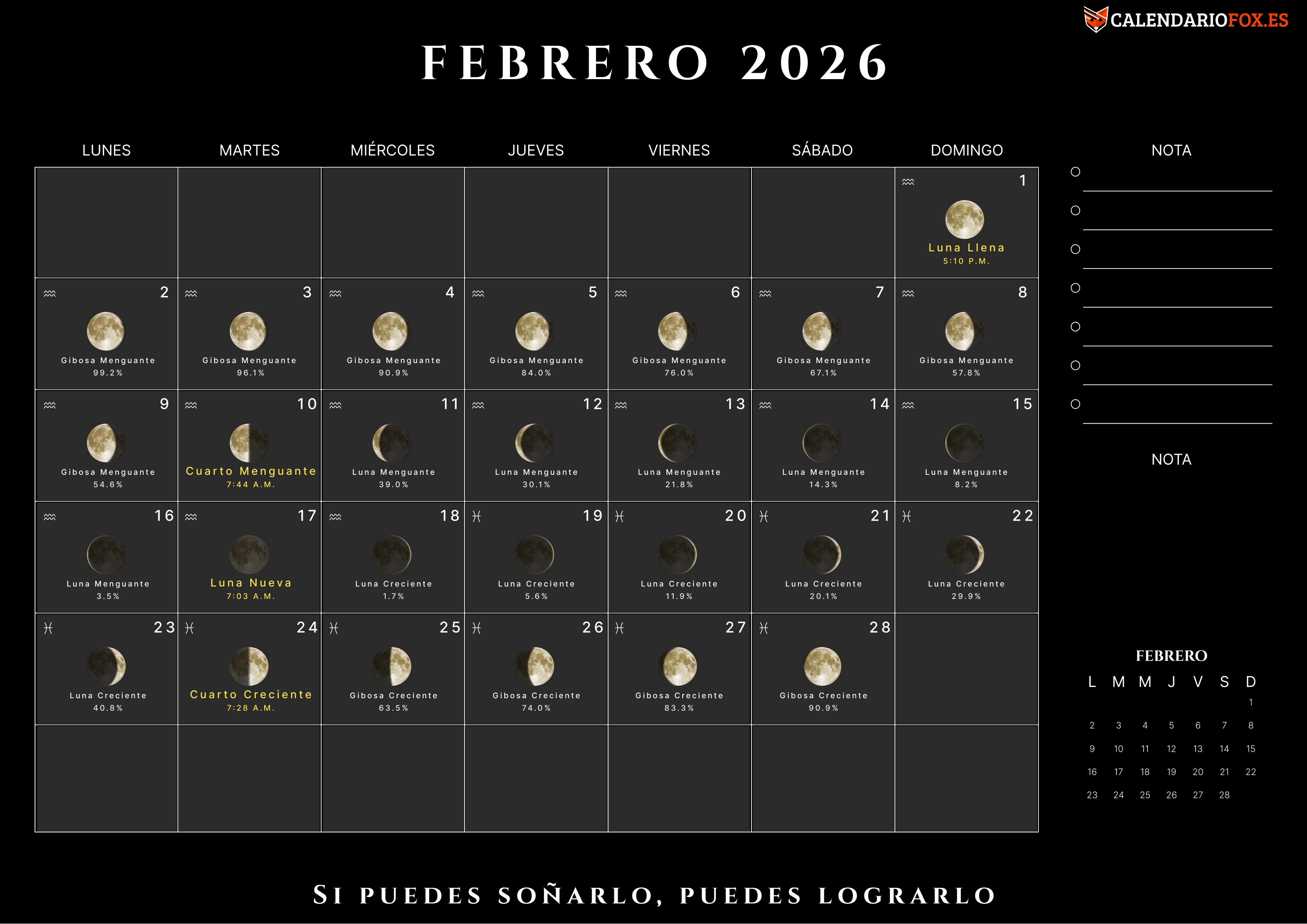 Calendario Febrero 2026 con Fases Lunares