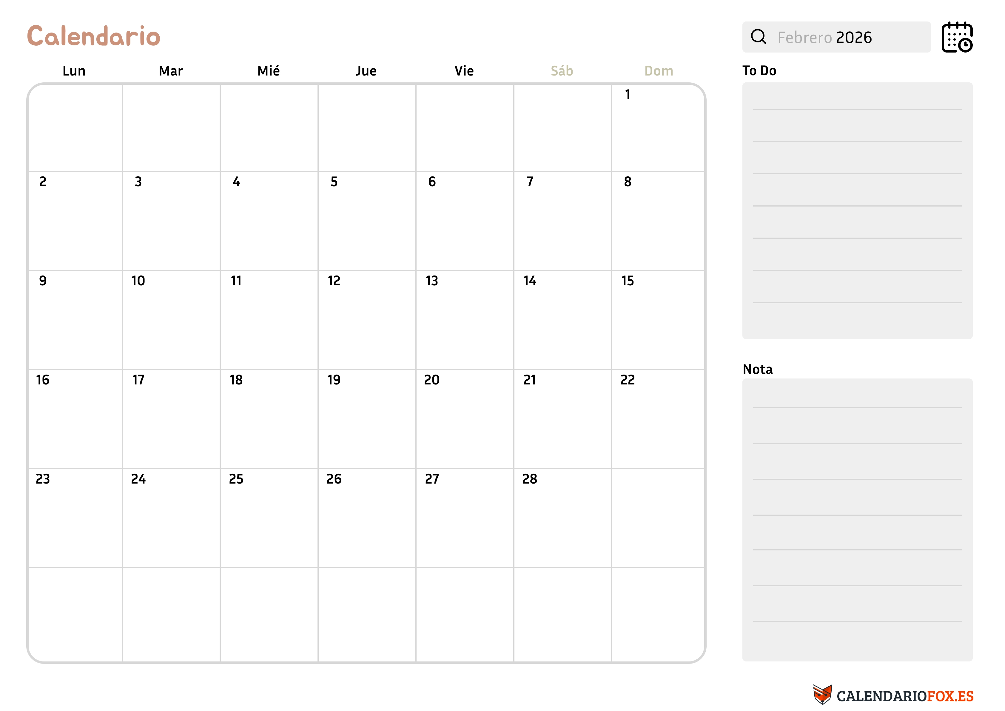 Calendario Febrero 2026 con Notas