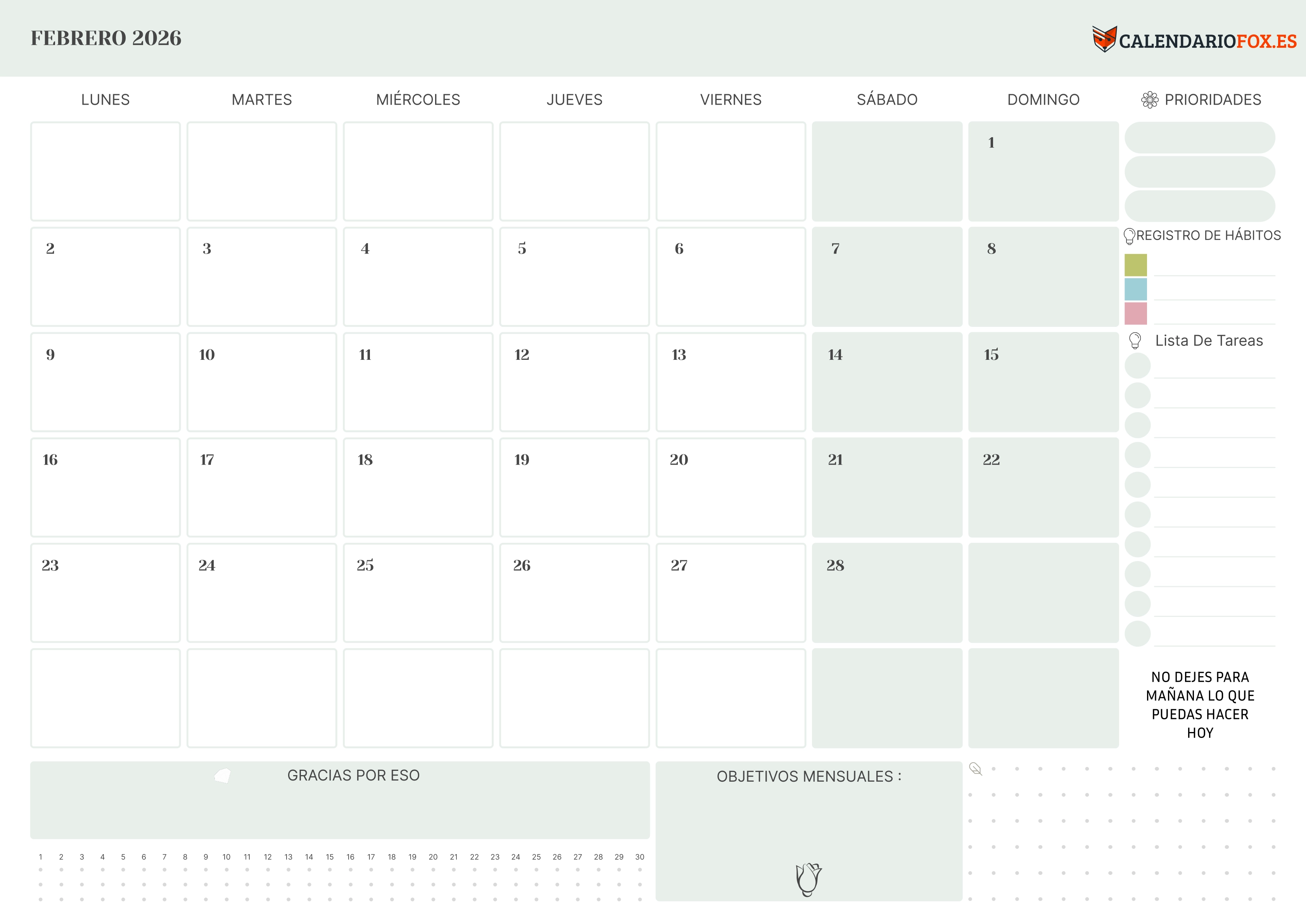 Calendario Febrero 2026 con Prioridades