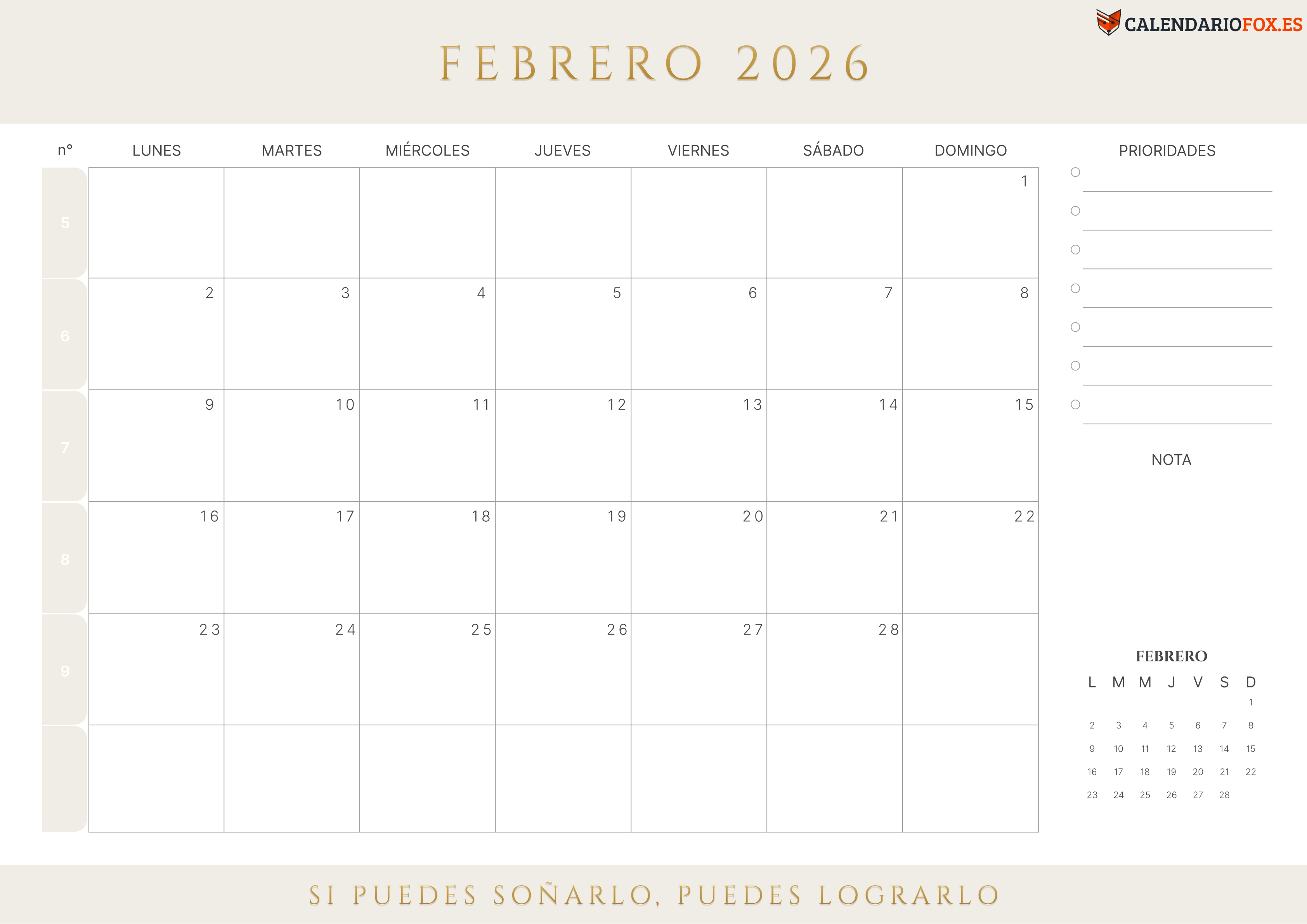 Calendario Febrero 2026