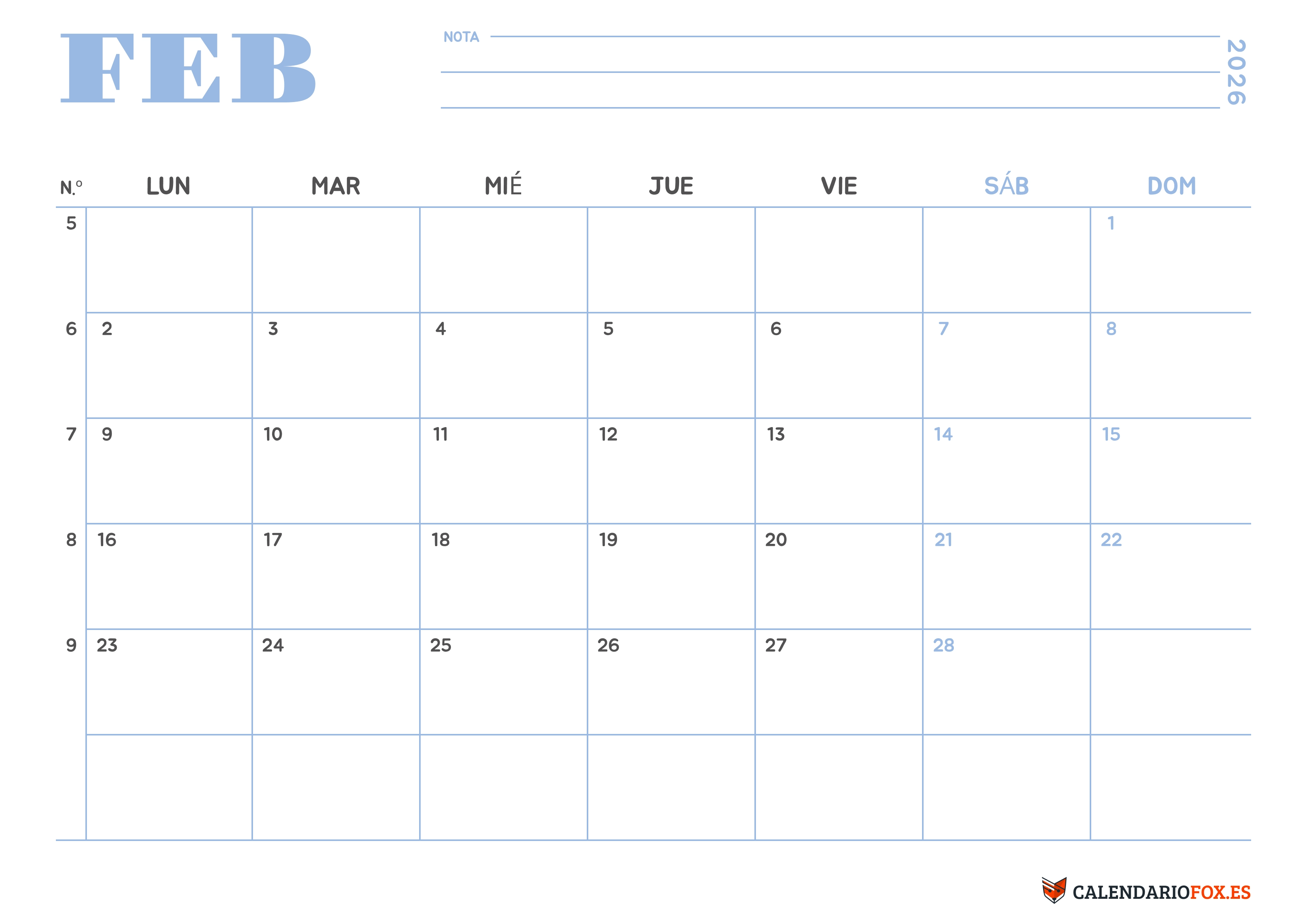 Calendario Febrero 2026 Minimalista