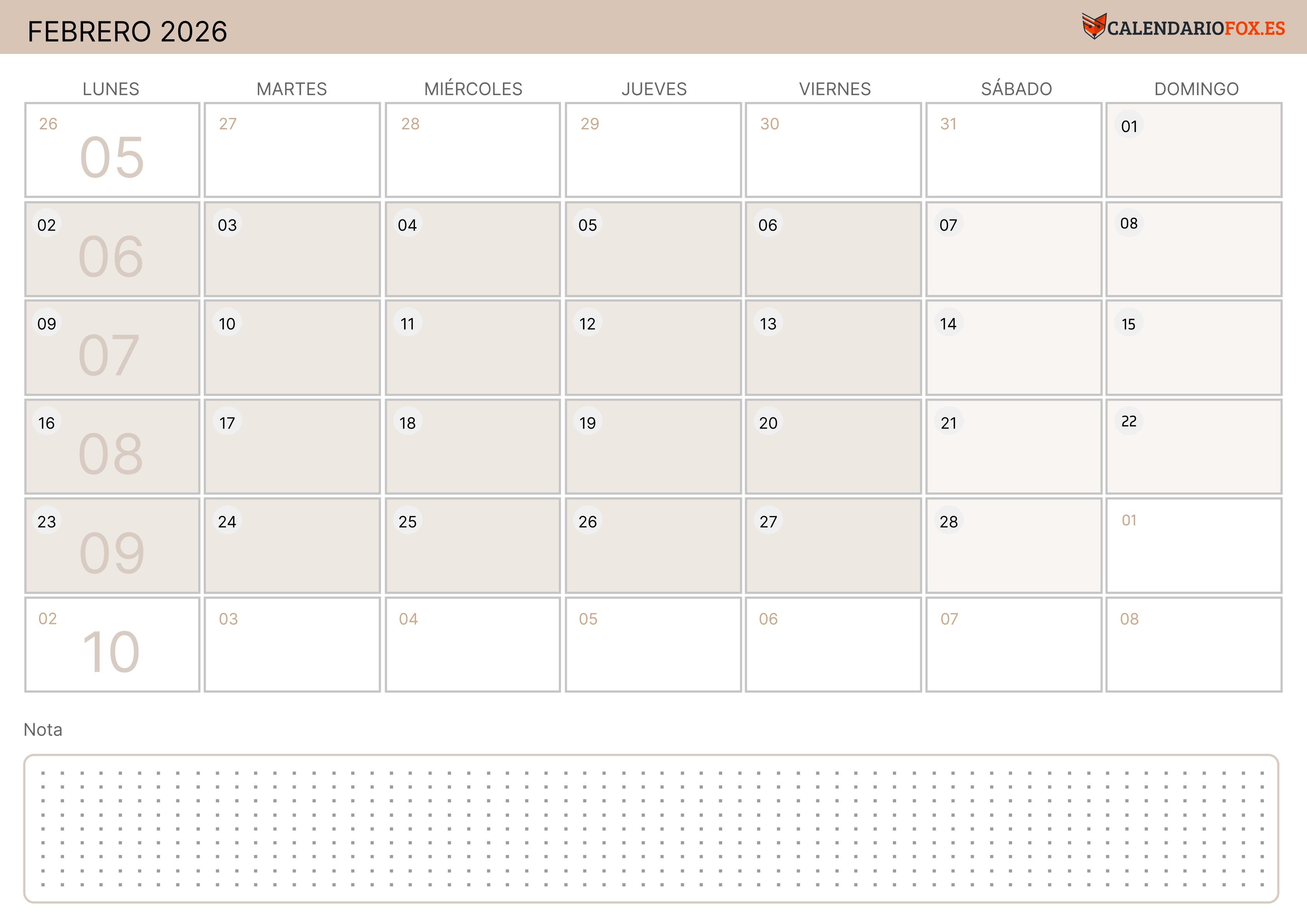 Calendario Febrero 2026 Moderno