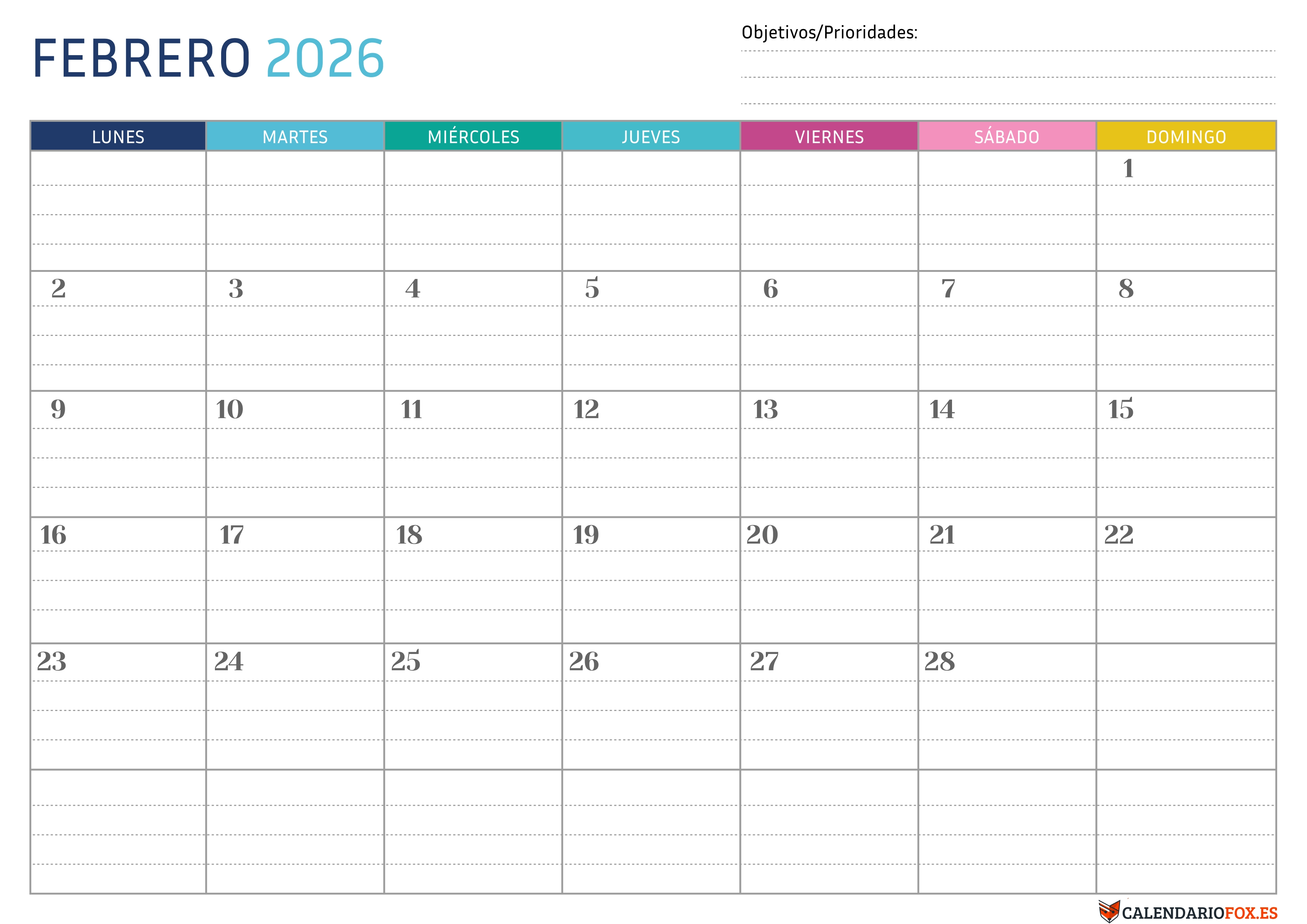 Calendario Febrero 2026 Punteado