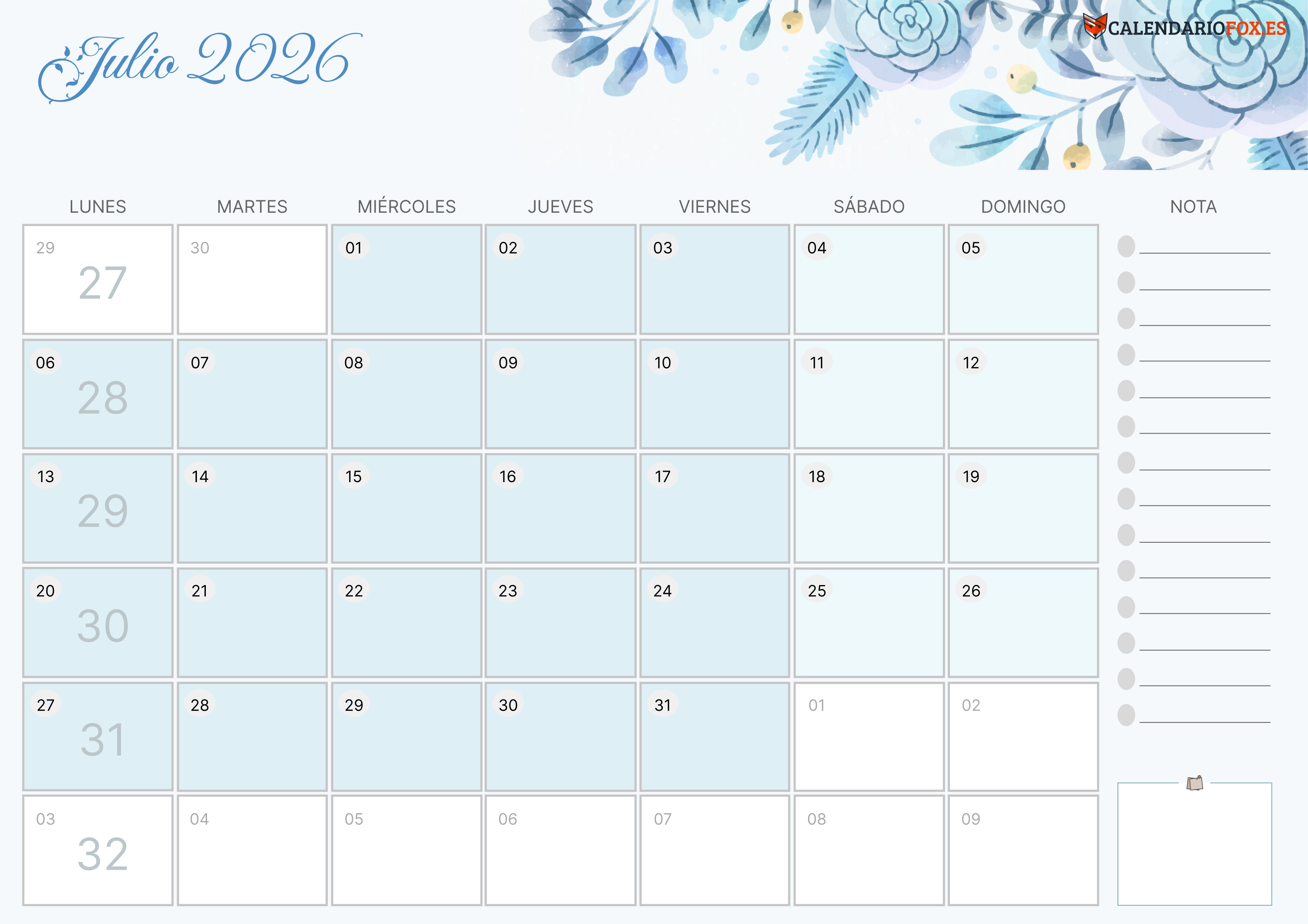 Calendario Julio 2026 Aesthetic