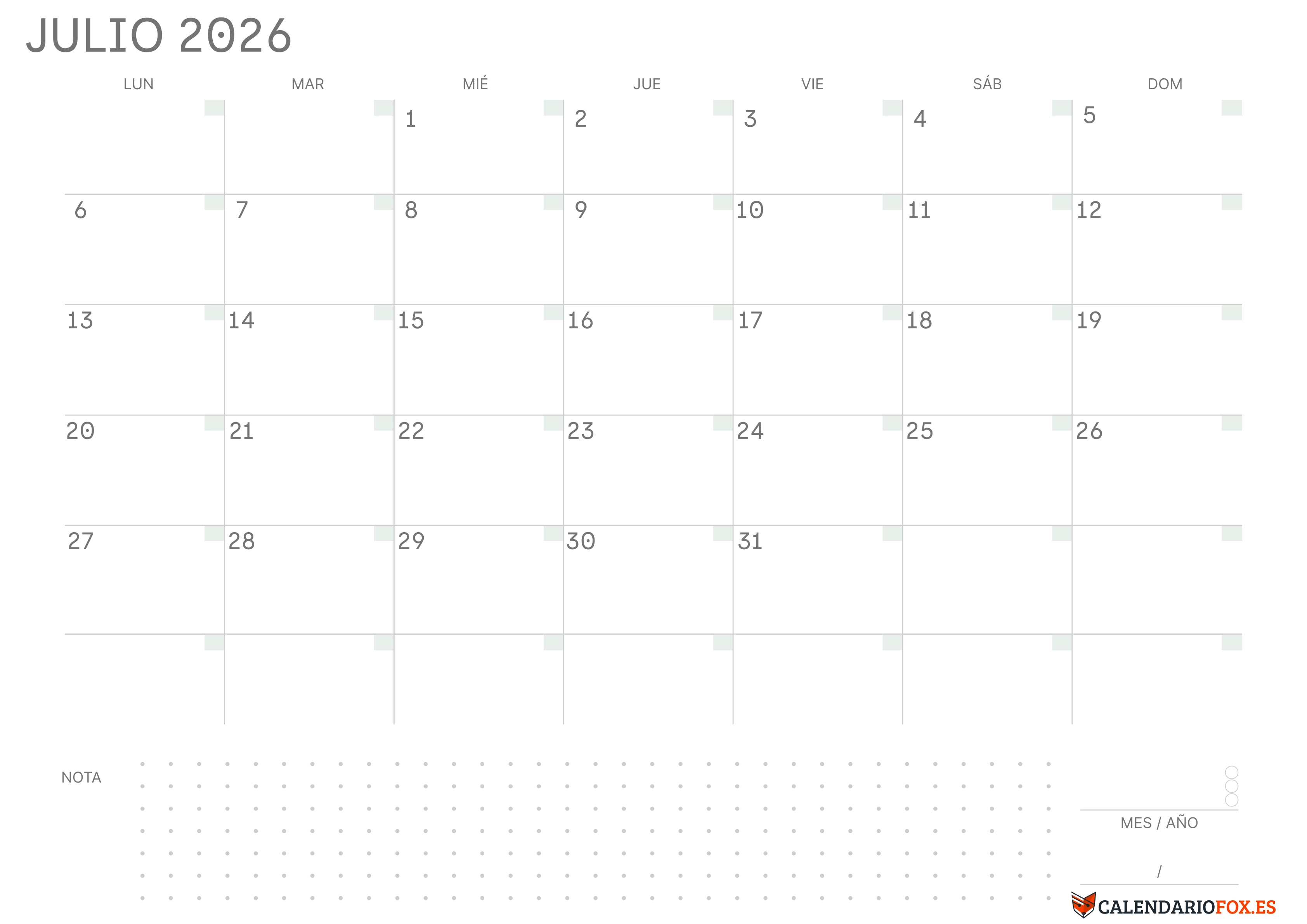 Calendario Julio 2026 en Blanco