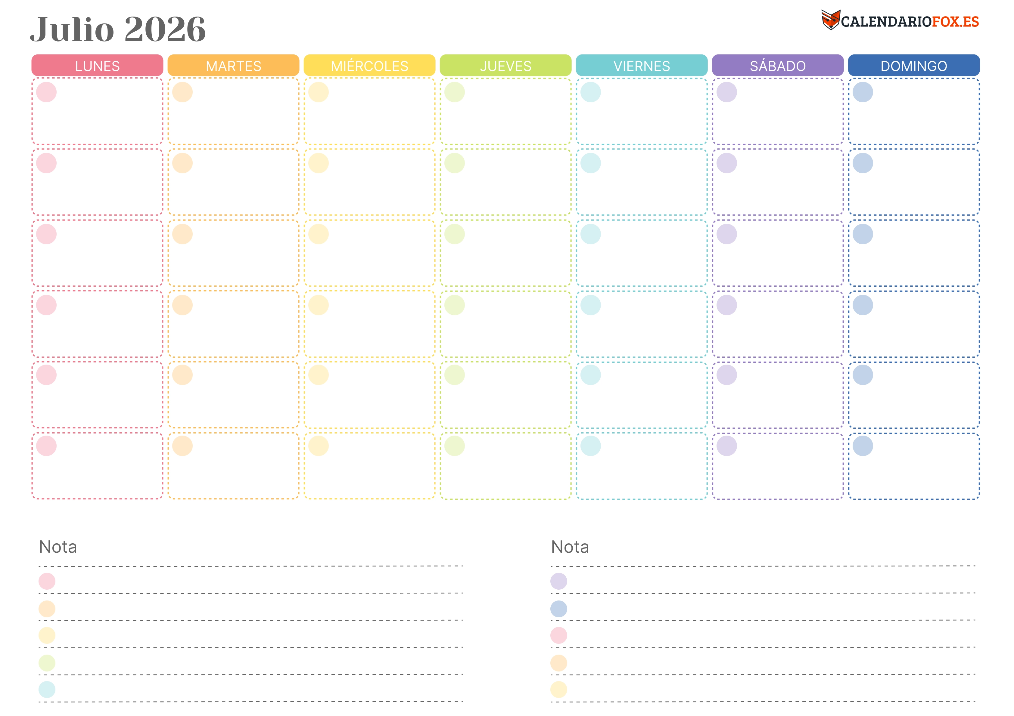 Calendario Julio 2026 Colorido