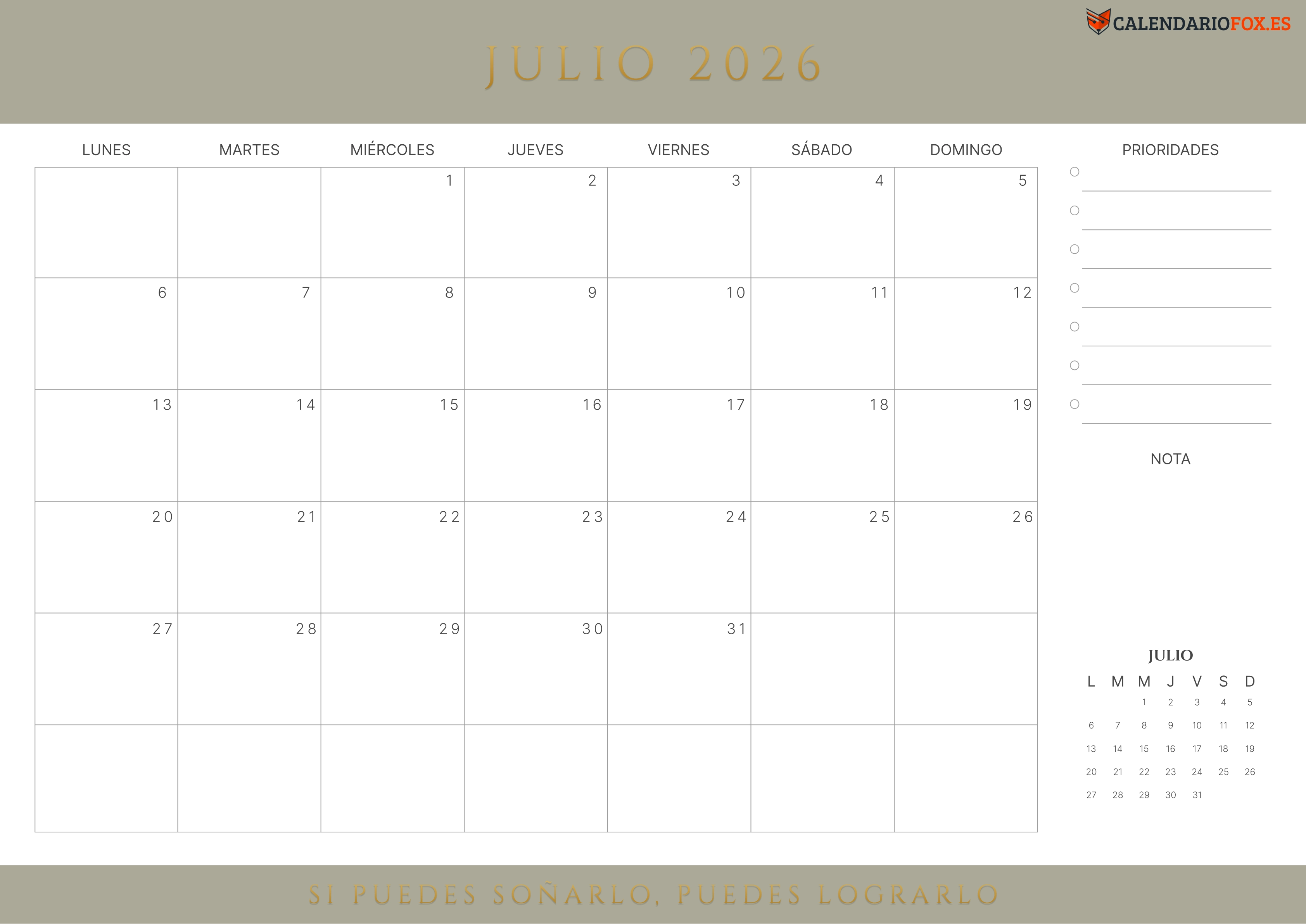 Calendario Julio 2026 con Citas
