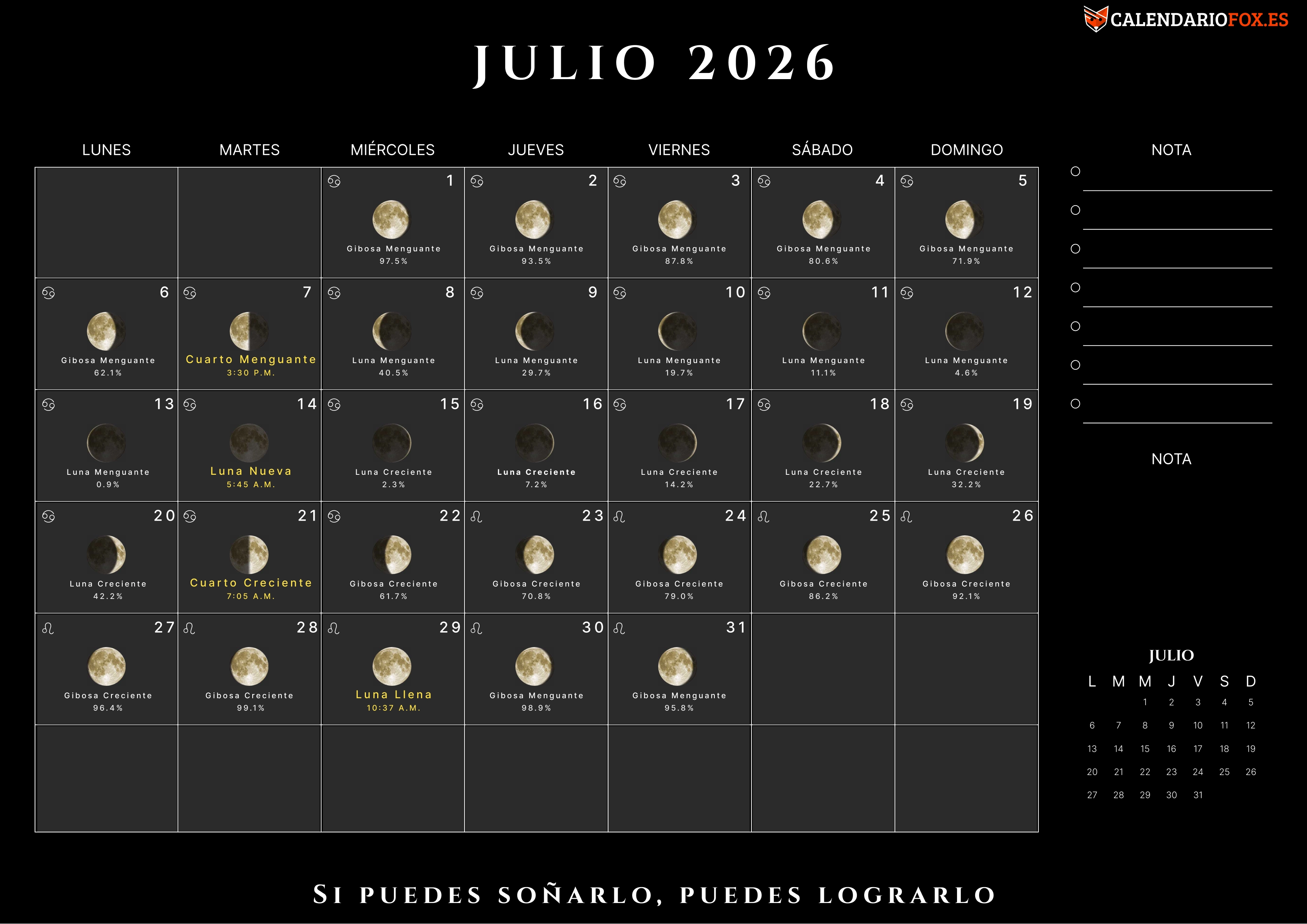 Calendario Julio 2026 con Fases Lunares