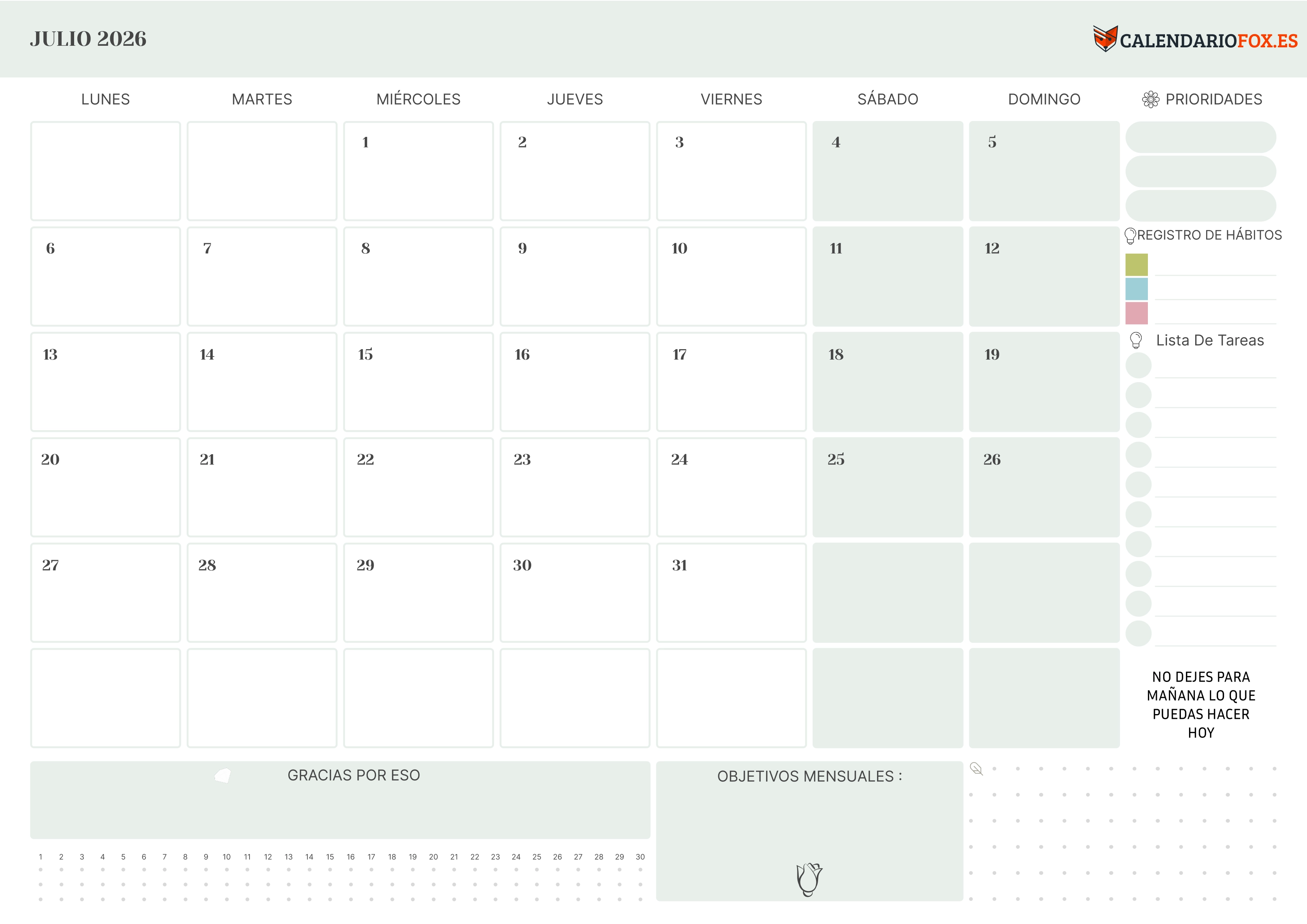Calendario Julio 2026 con Prioridades