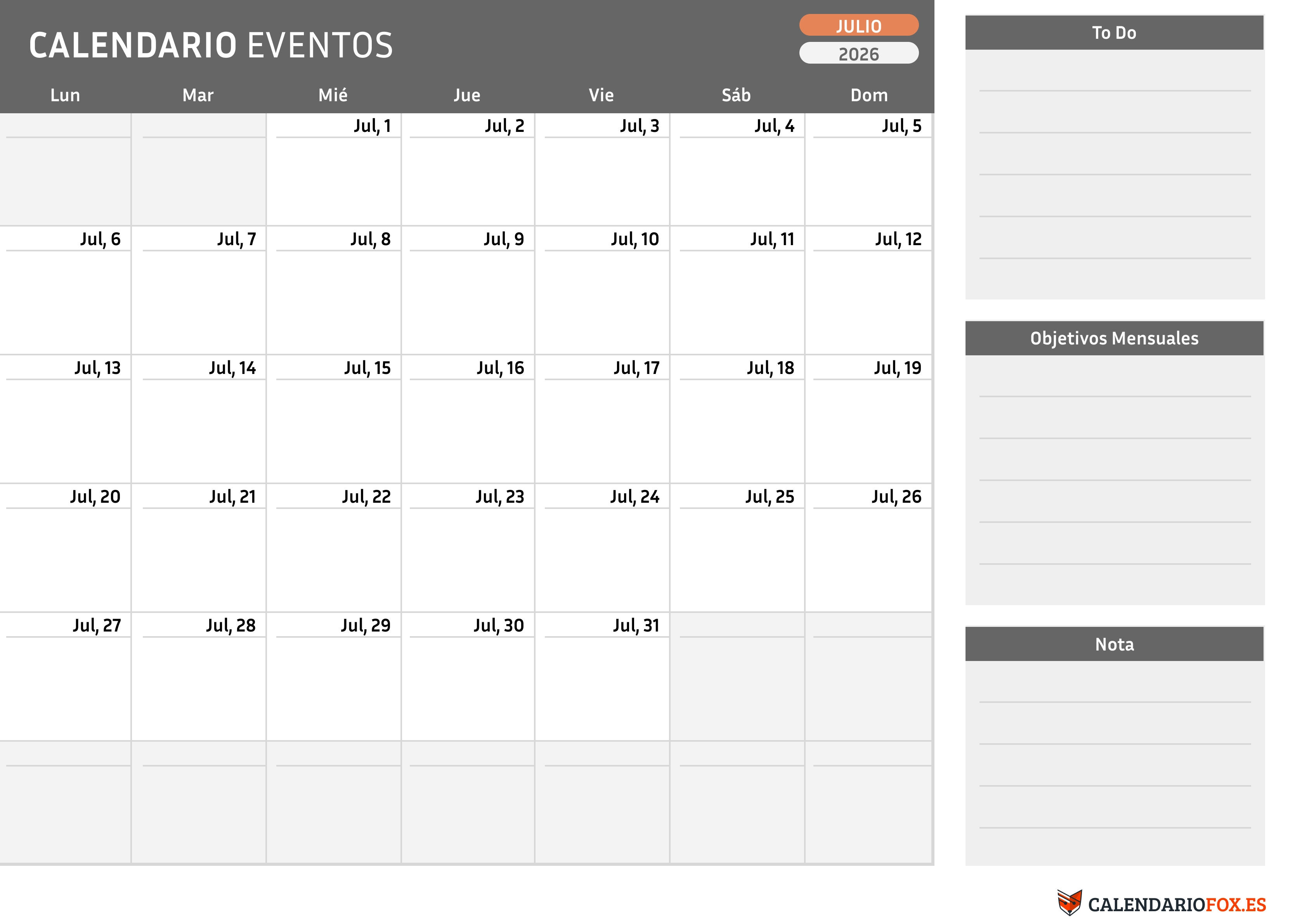 Calendario Julio 2026