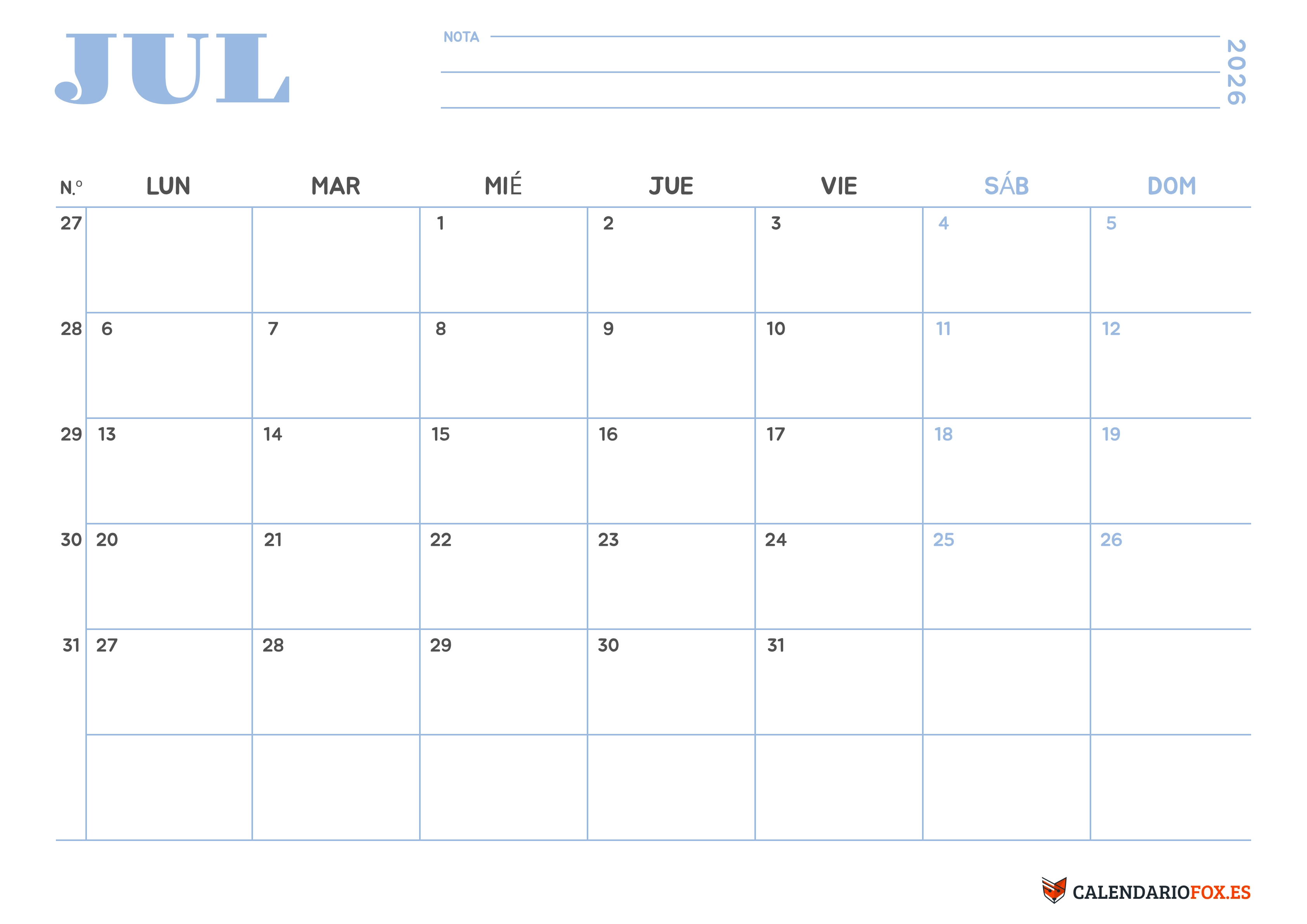 Calendario Julio 2026 Minimalista