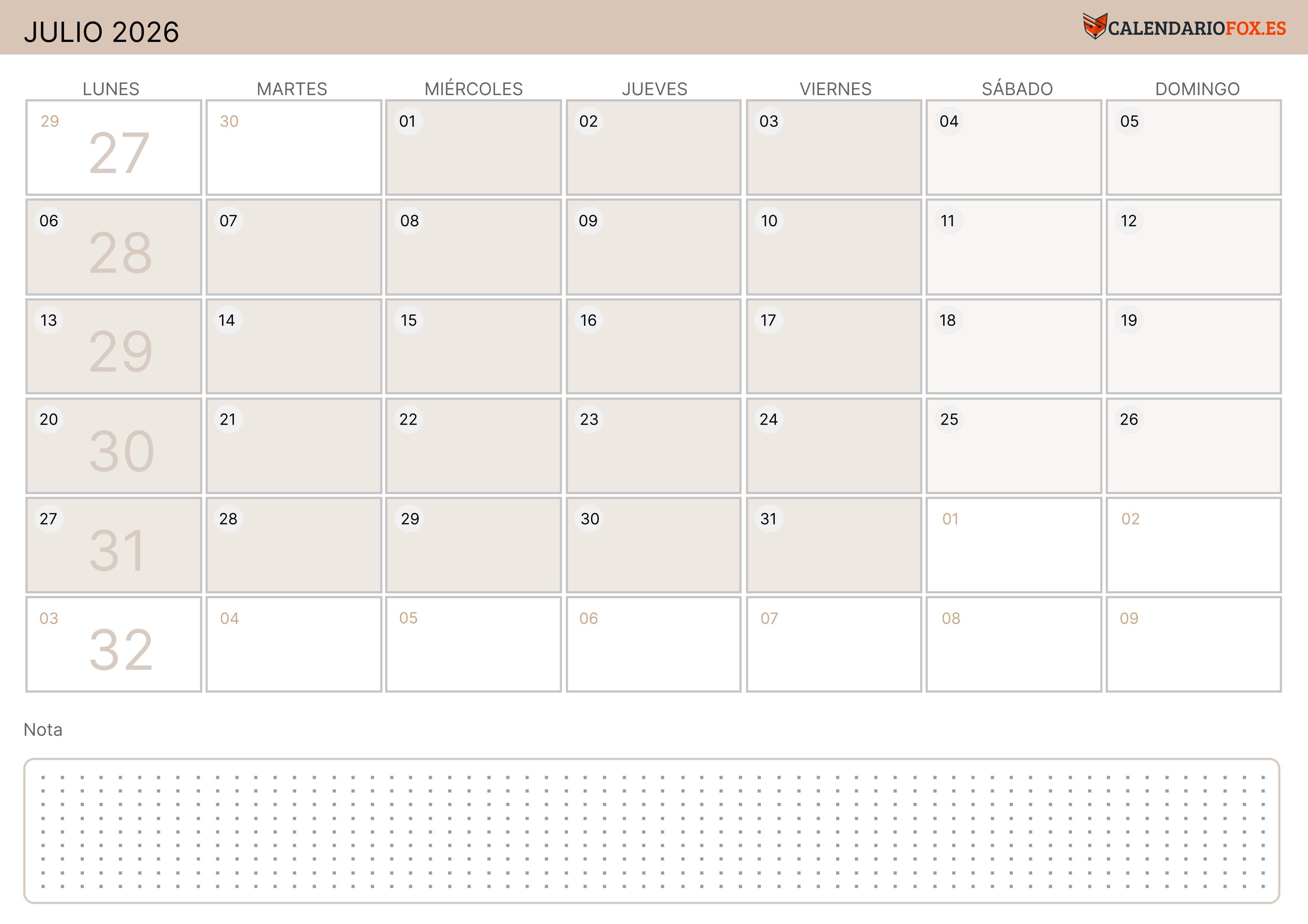 Calendario Julio 2026 Moderno