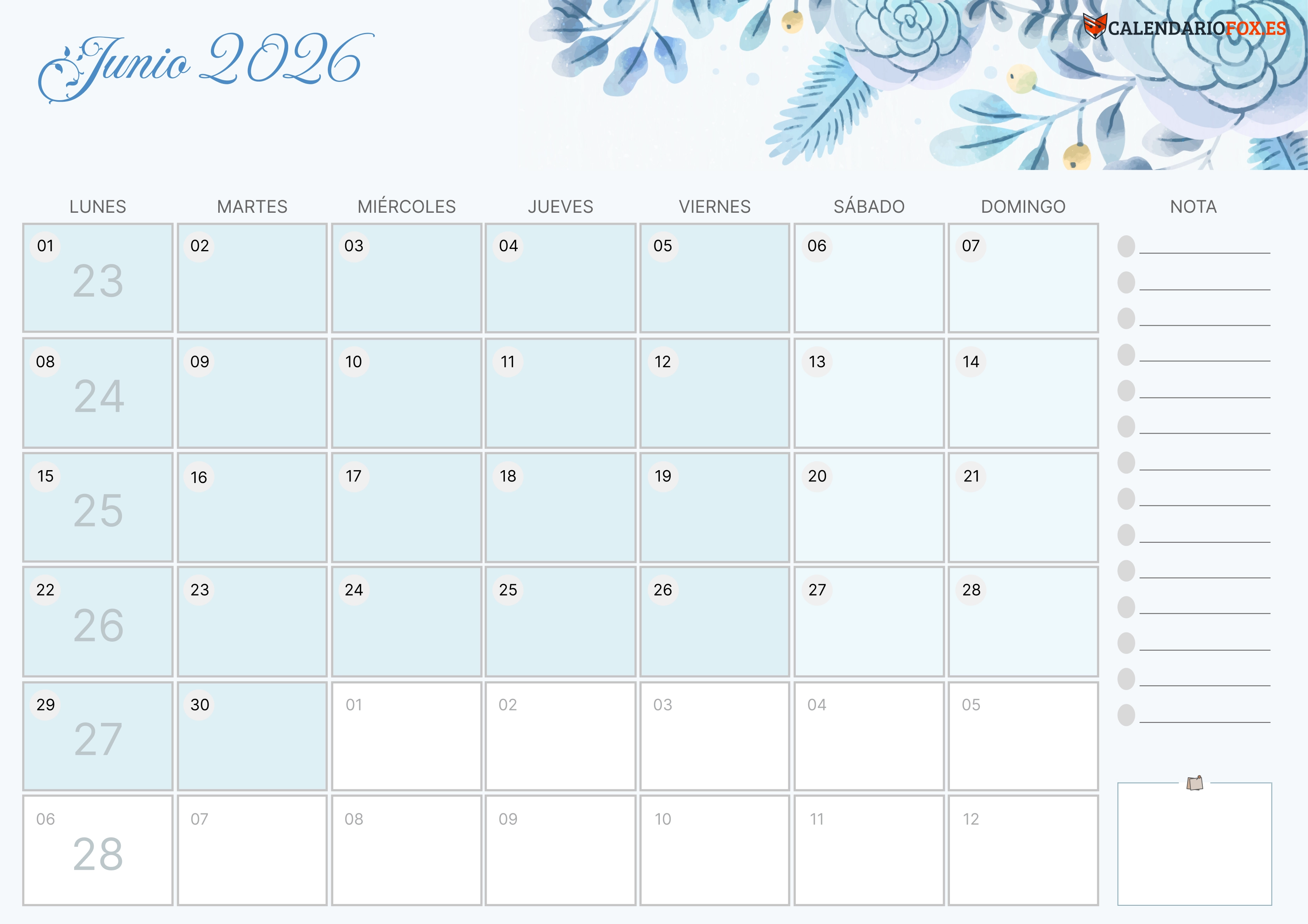 Calendario Junio 2026 Aesthetic