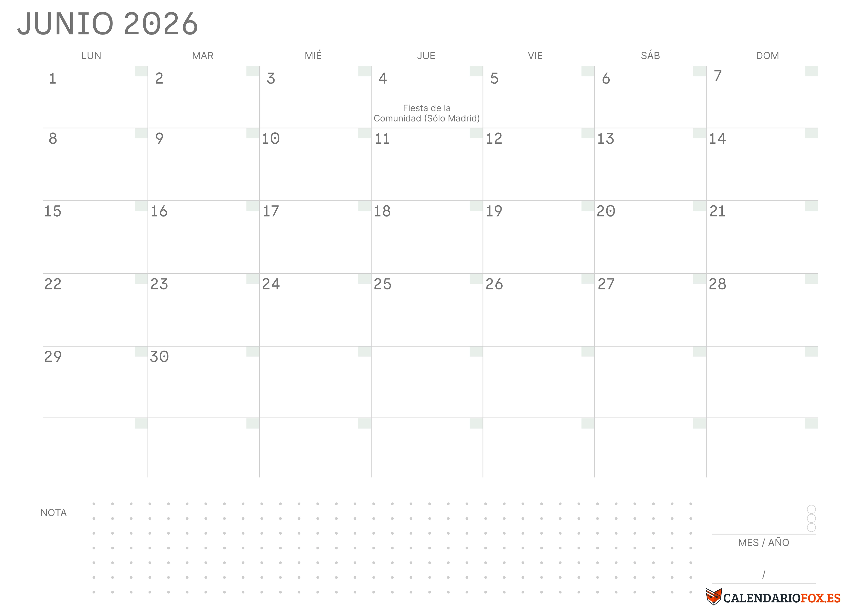 Calendario Junio 2026 en Blanco
