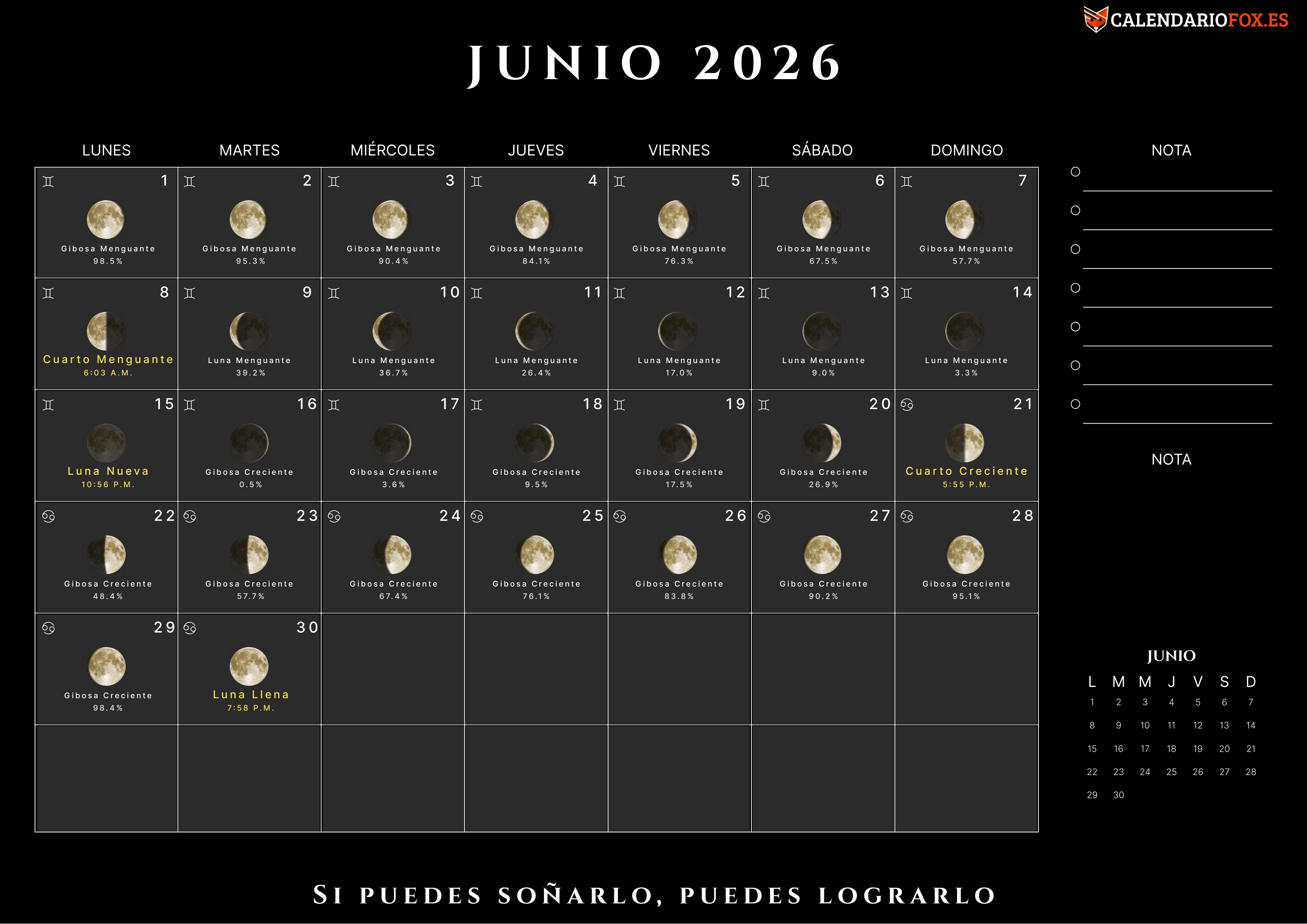 Calendario Junio 2026 con Fases Lunares