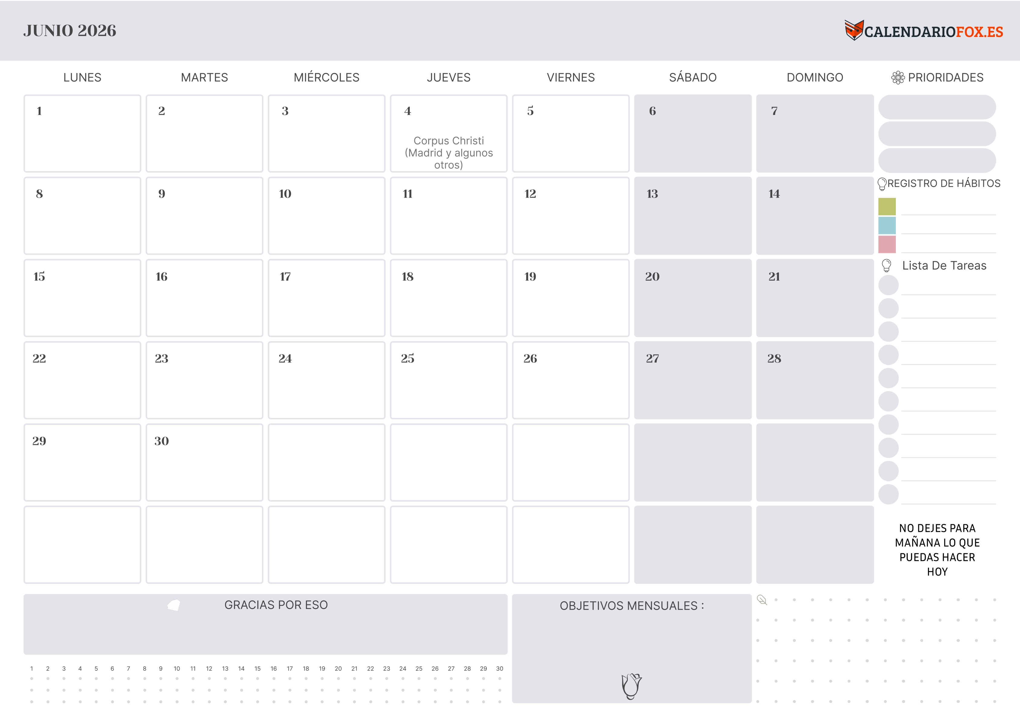 Calendario Junio 2026 con Festivos
