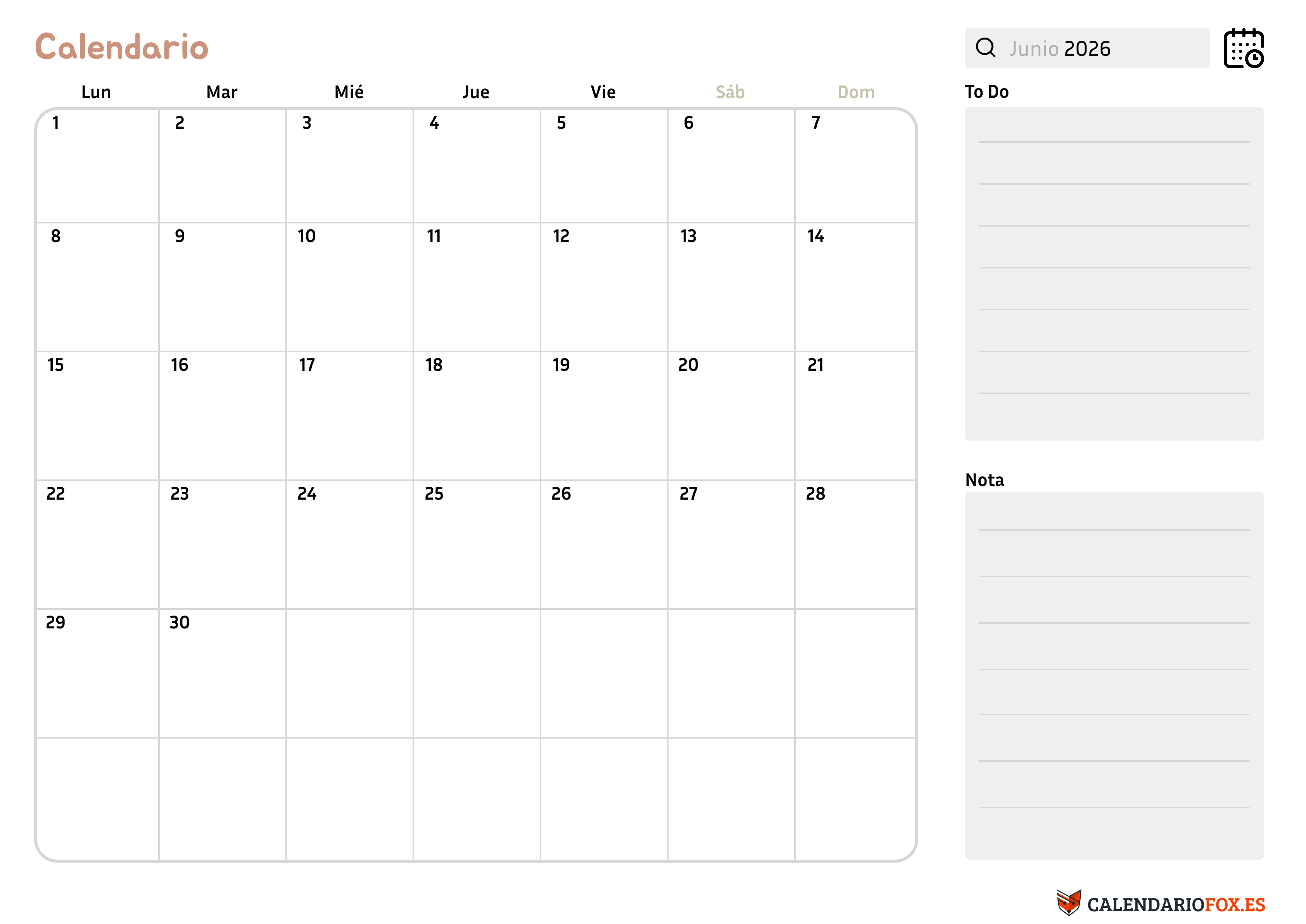 Calendario Junio 2026 con Notas