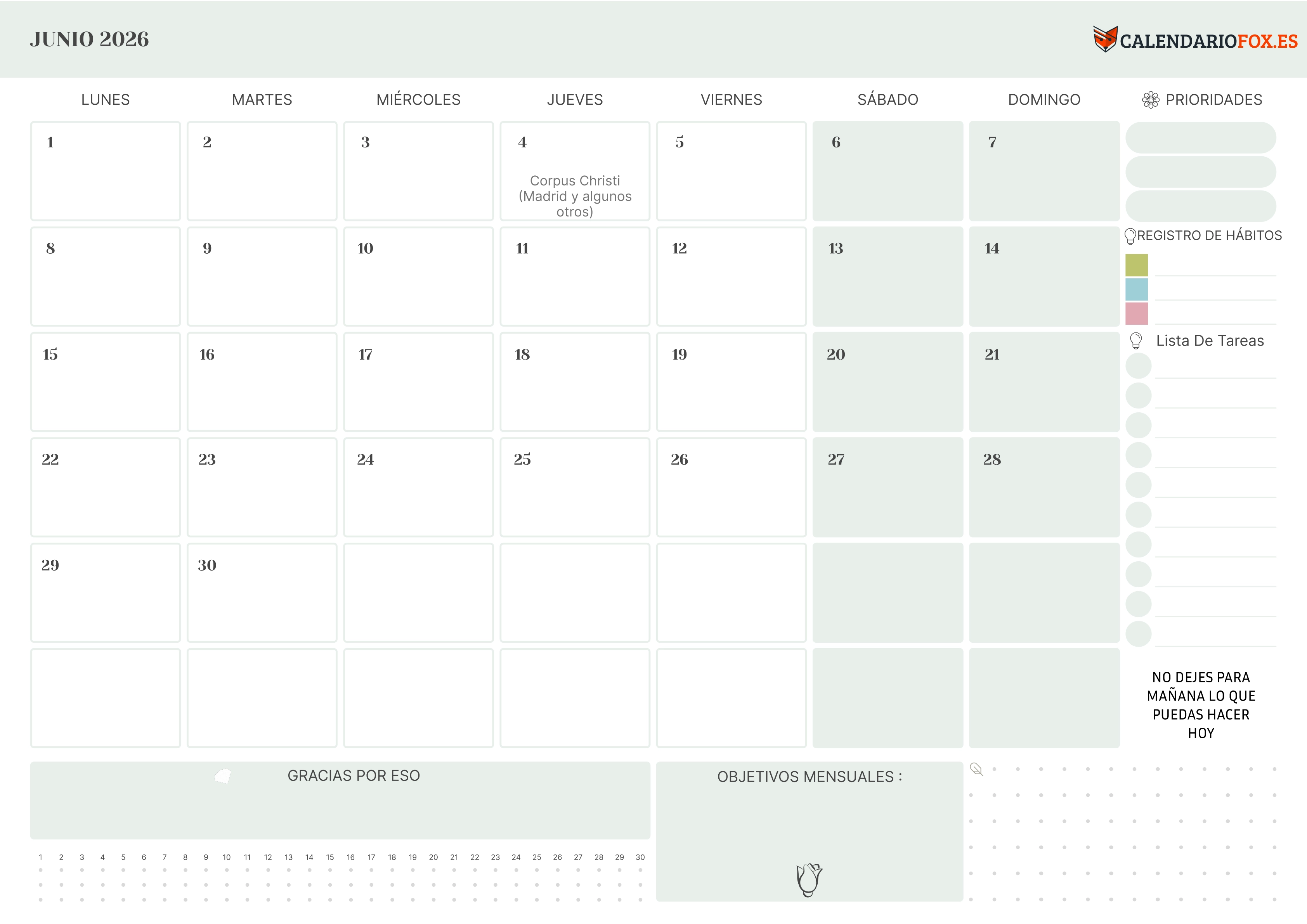 Calendario Junio 2026
