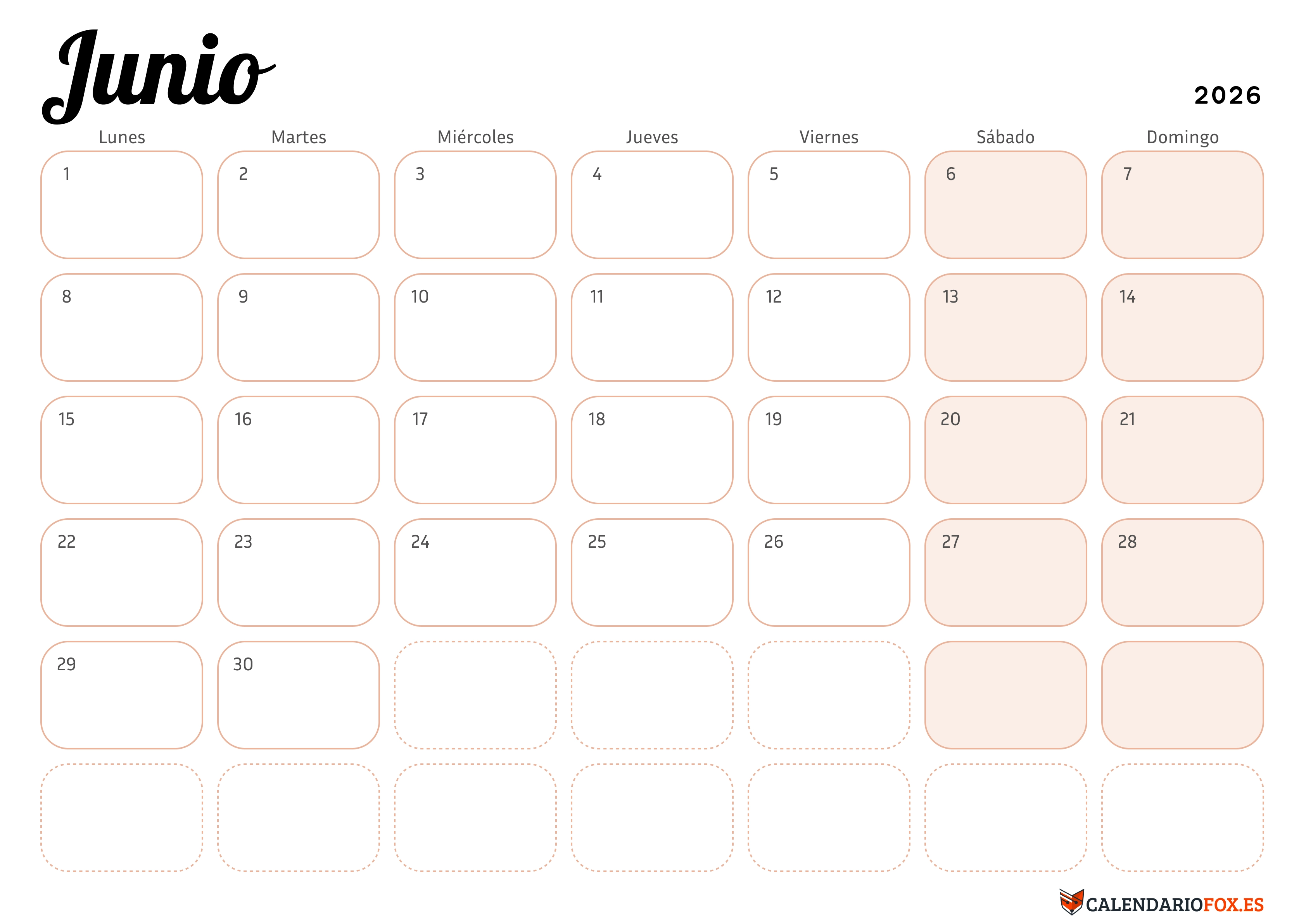 Calendario Junio 2026 Elegante