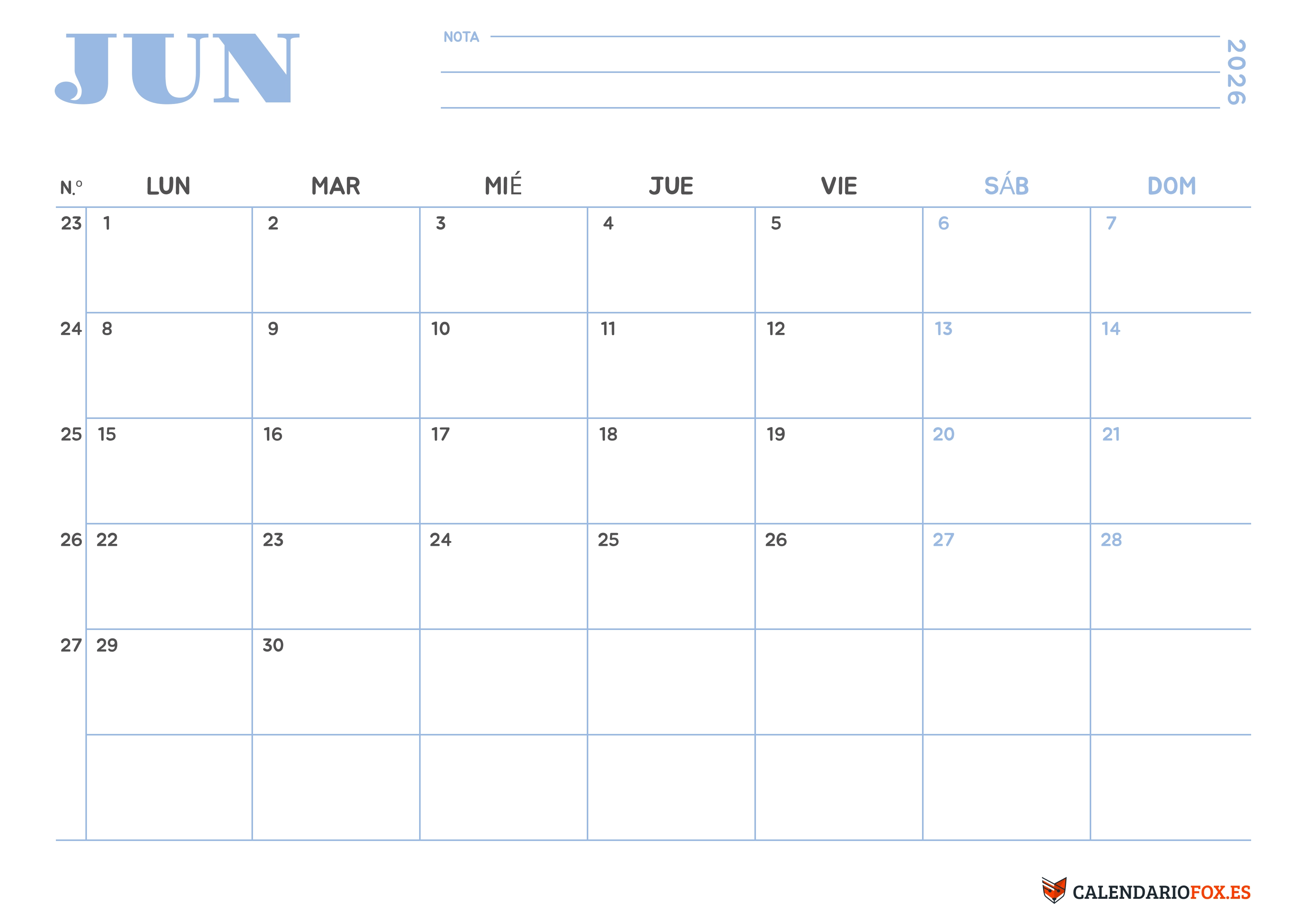 Calendario Junio 2026 Minimalista