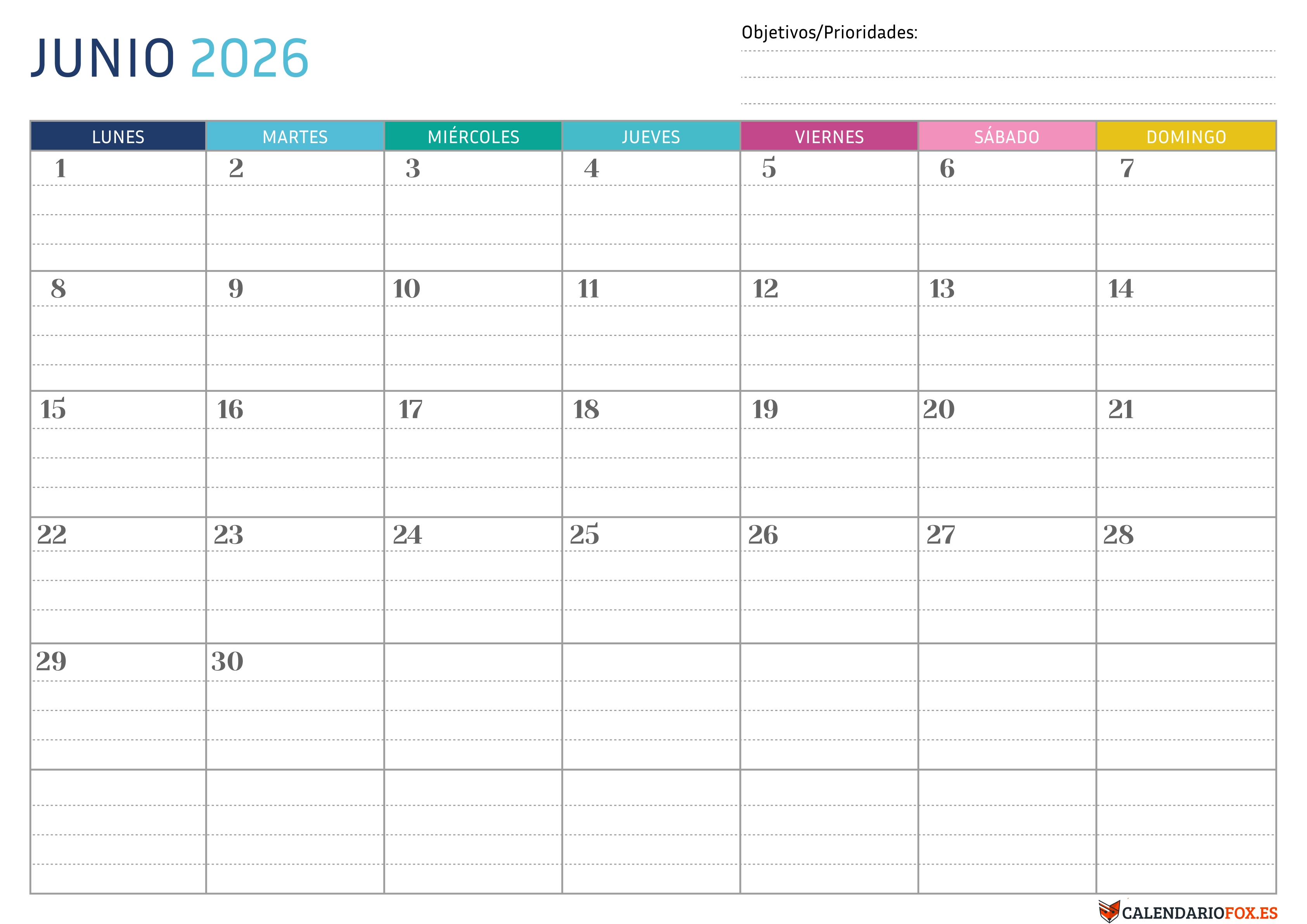 Calendario Junio 2026 Punteado