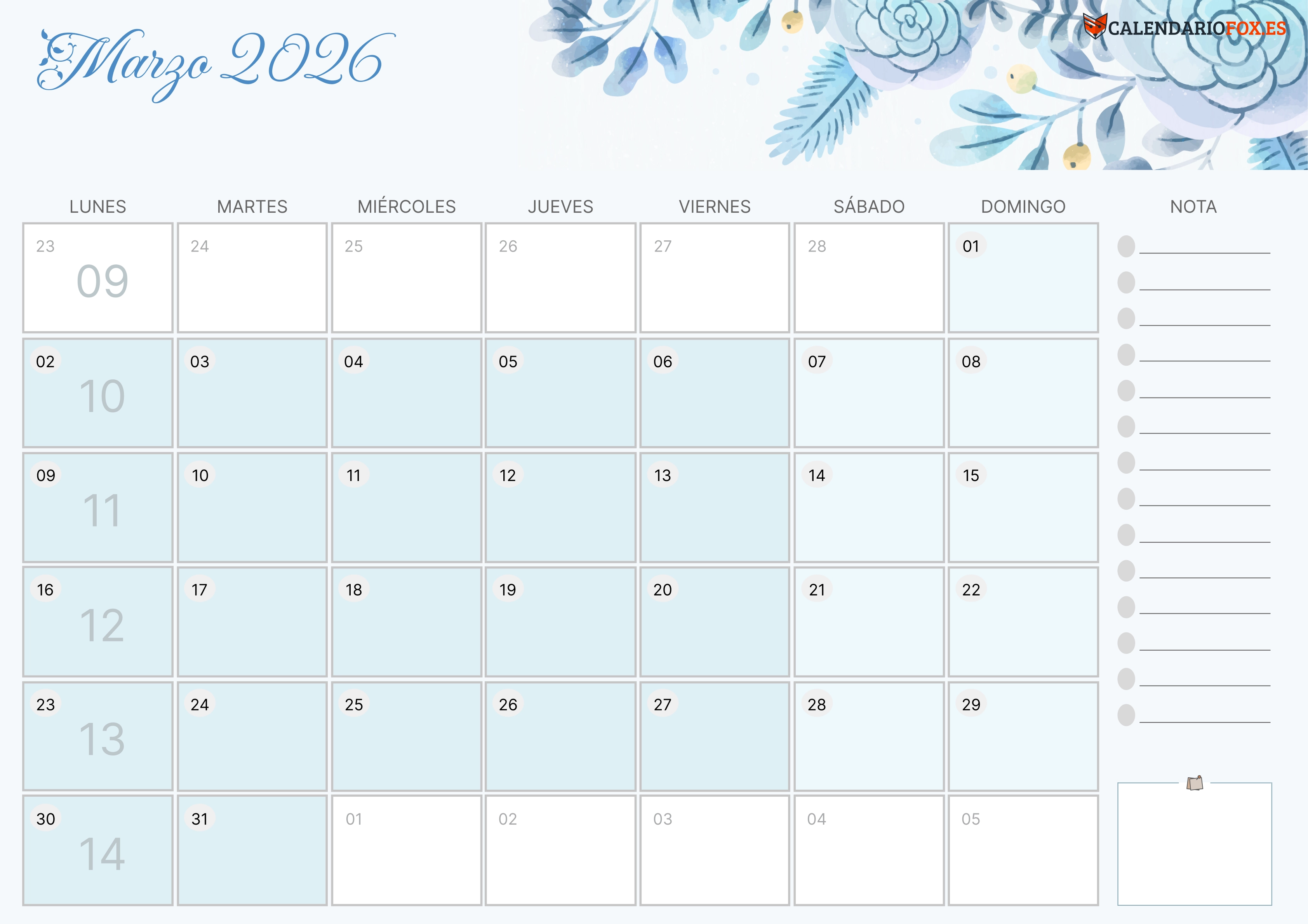 Calendario Marzo 2026 Aesthetic