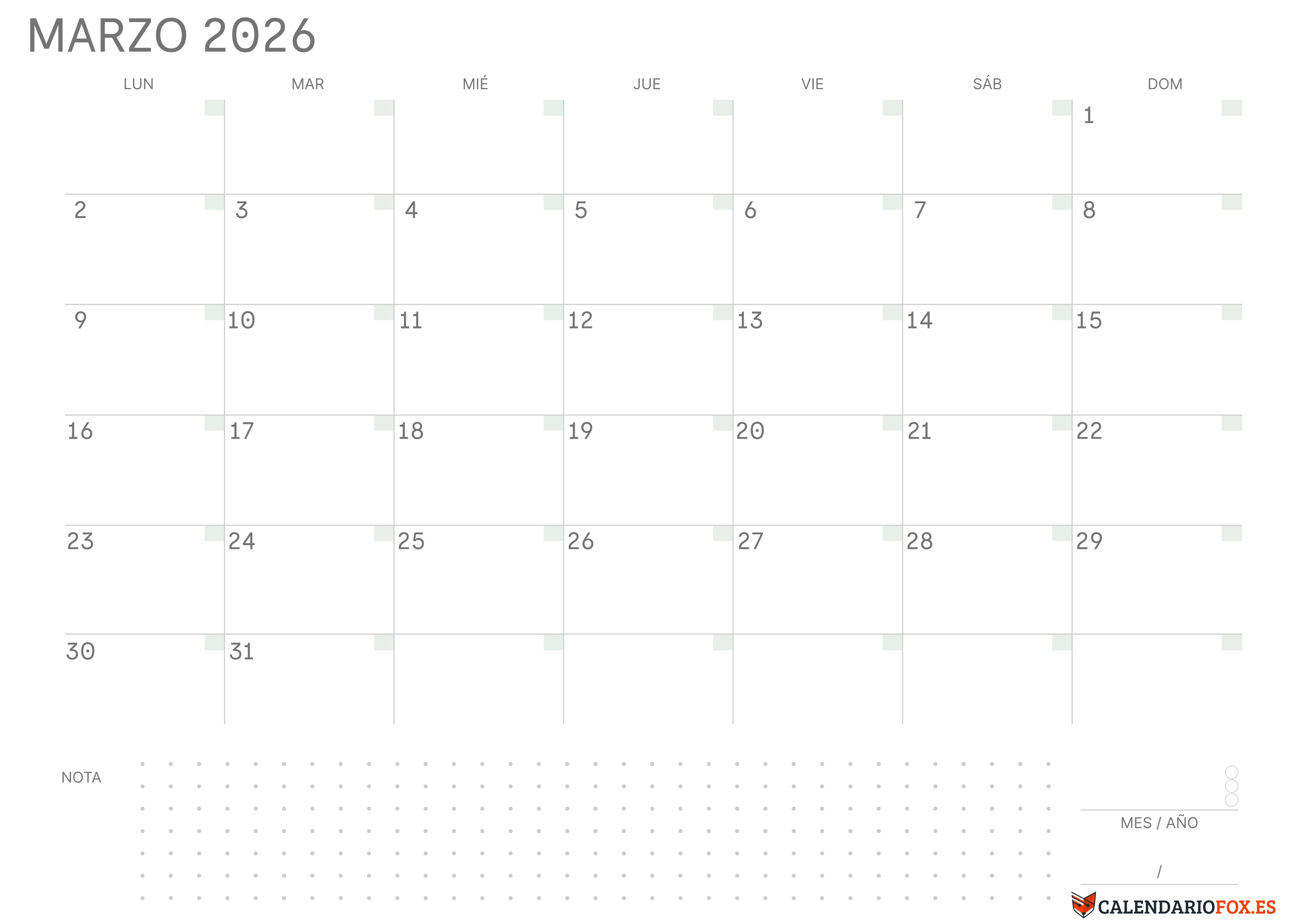 Calendario Marzo 2026 en Blanco