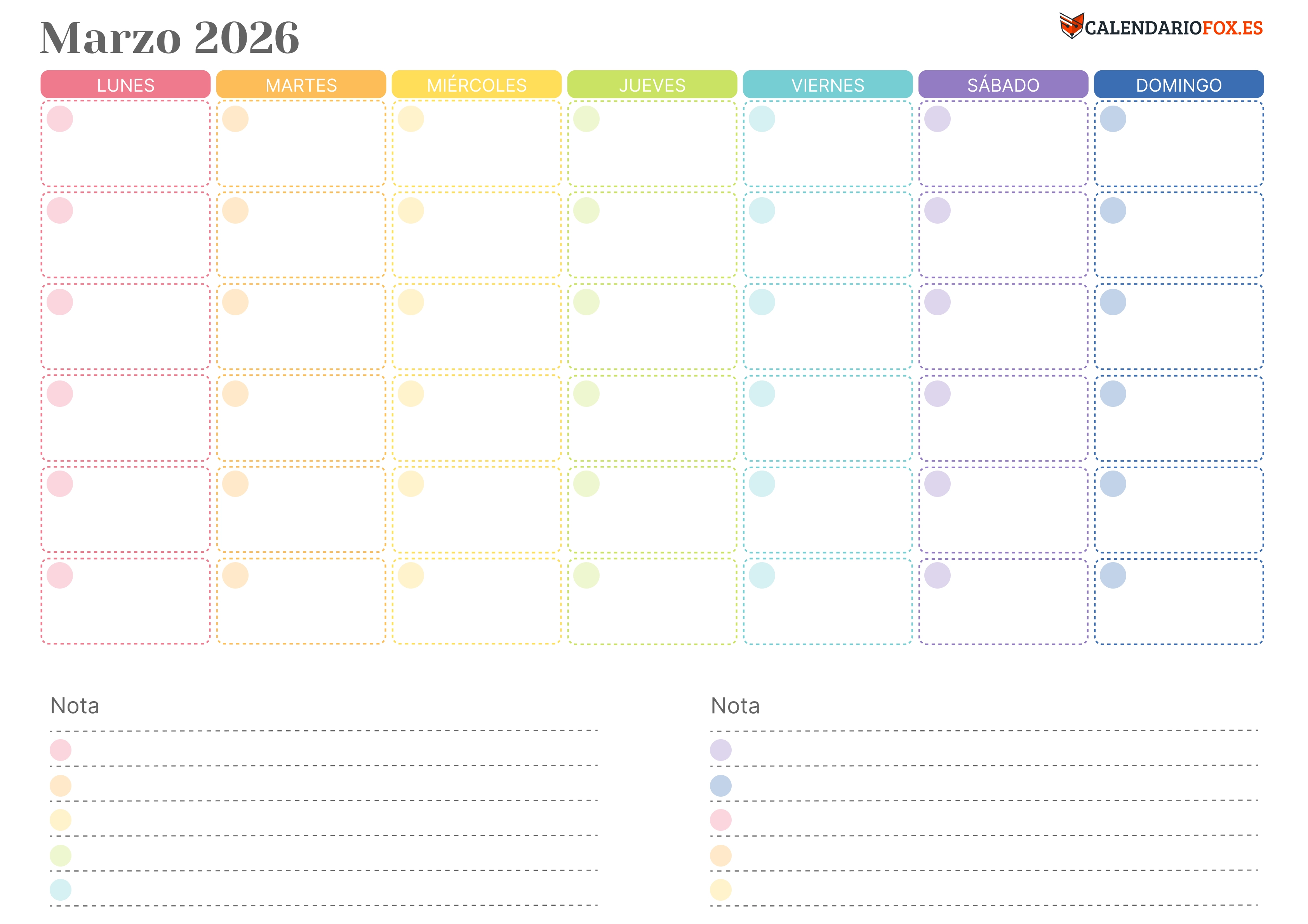 Calendario Marzo 2026 Colorido