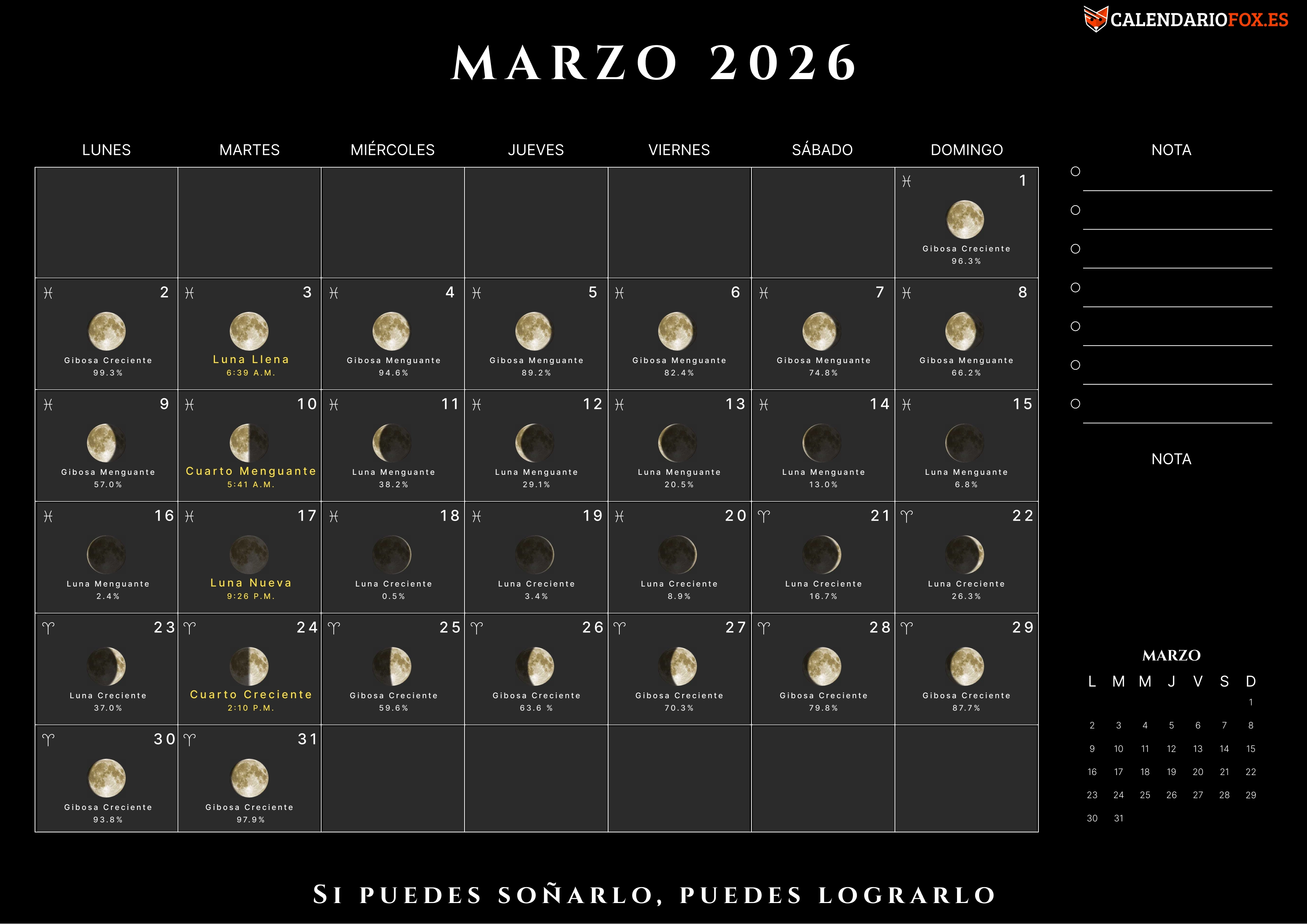 Calendario Marzo 2026 con Fases Lunares