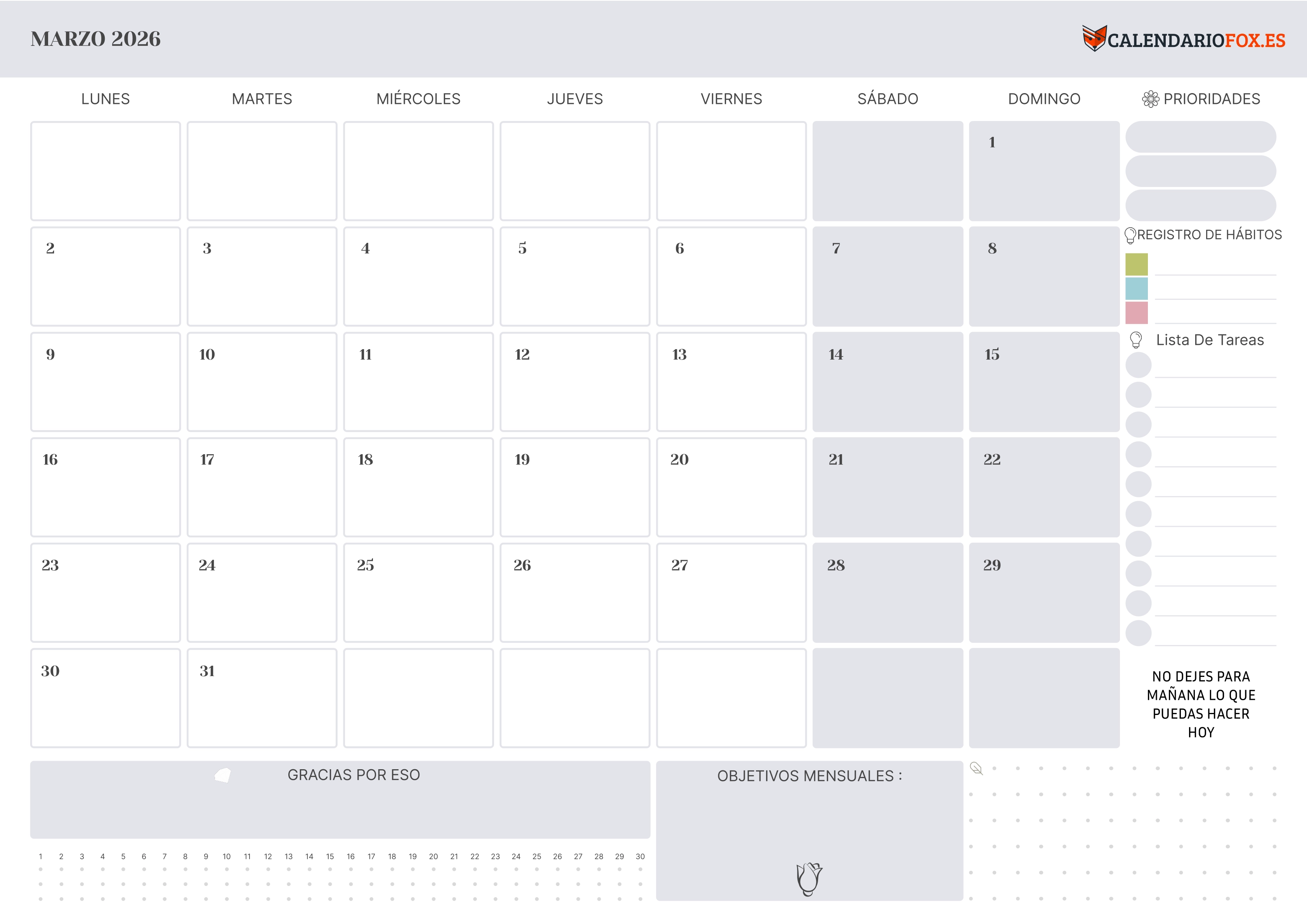 Calendario Marzo 2026 con Festivos
