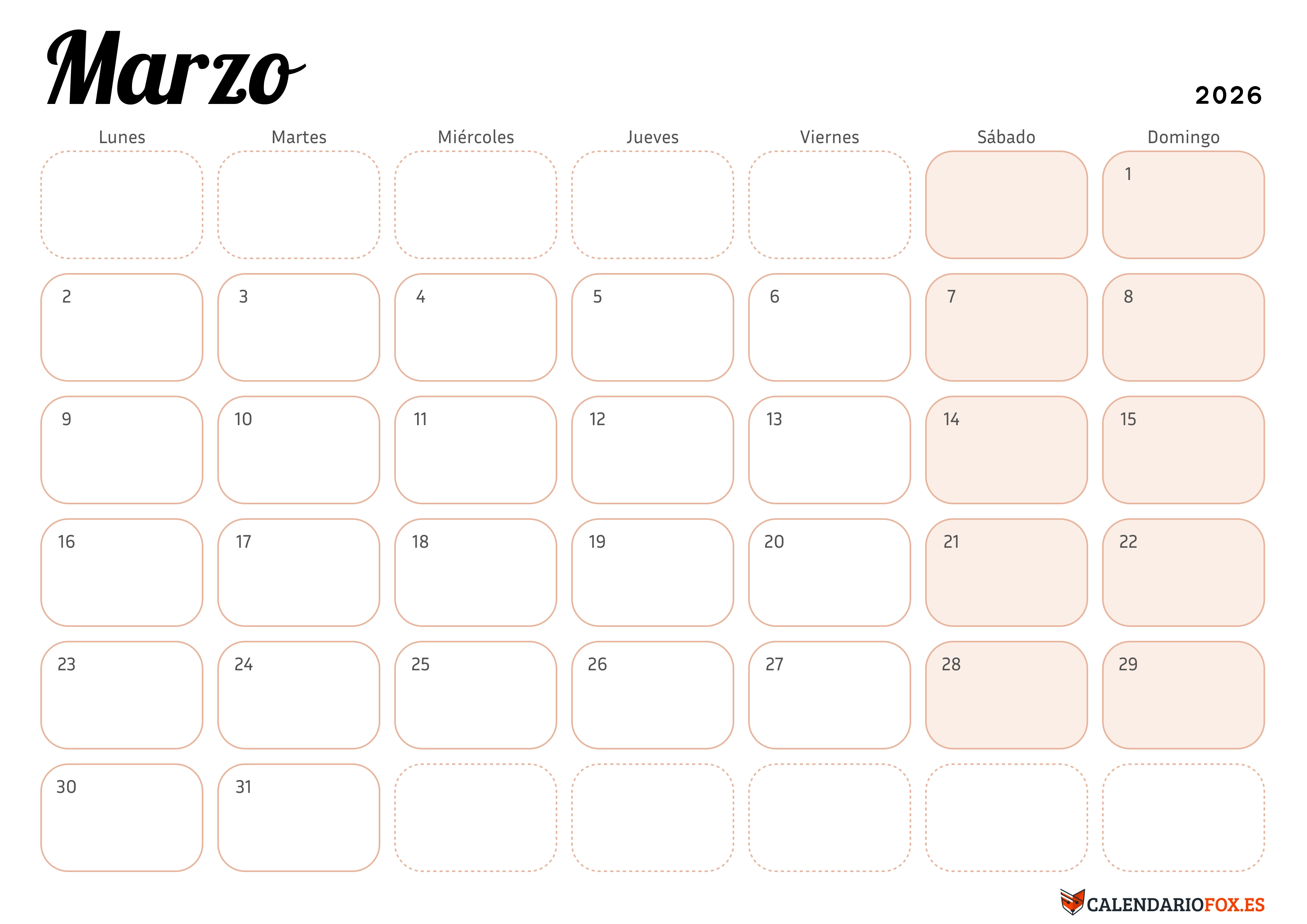 Calendario Marzo 2026 Elegante