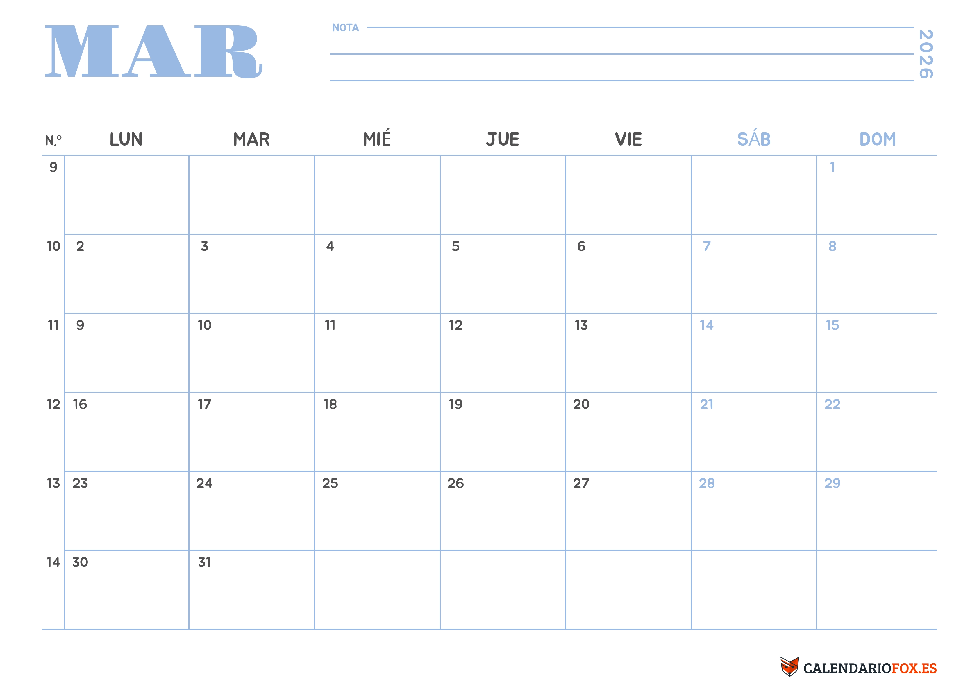 Calendario Marzo 2026 Minimalista