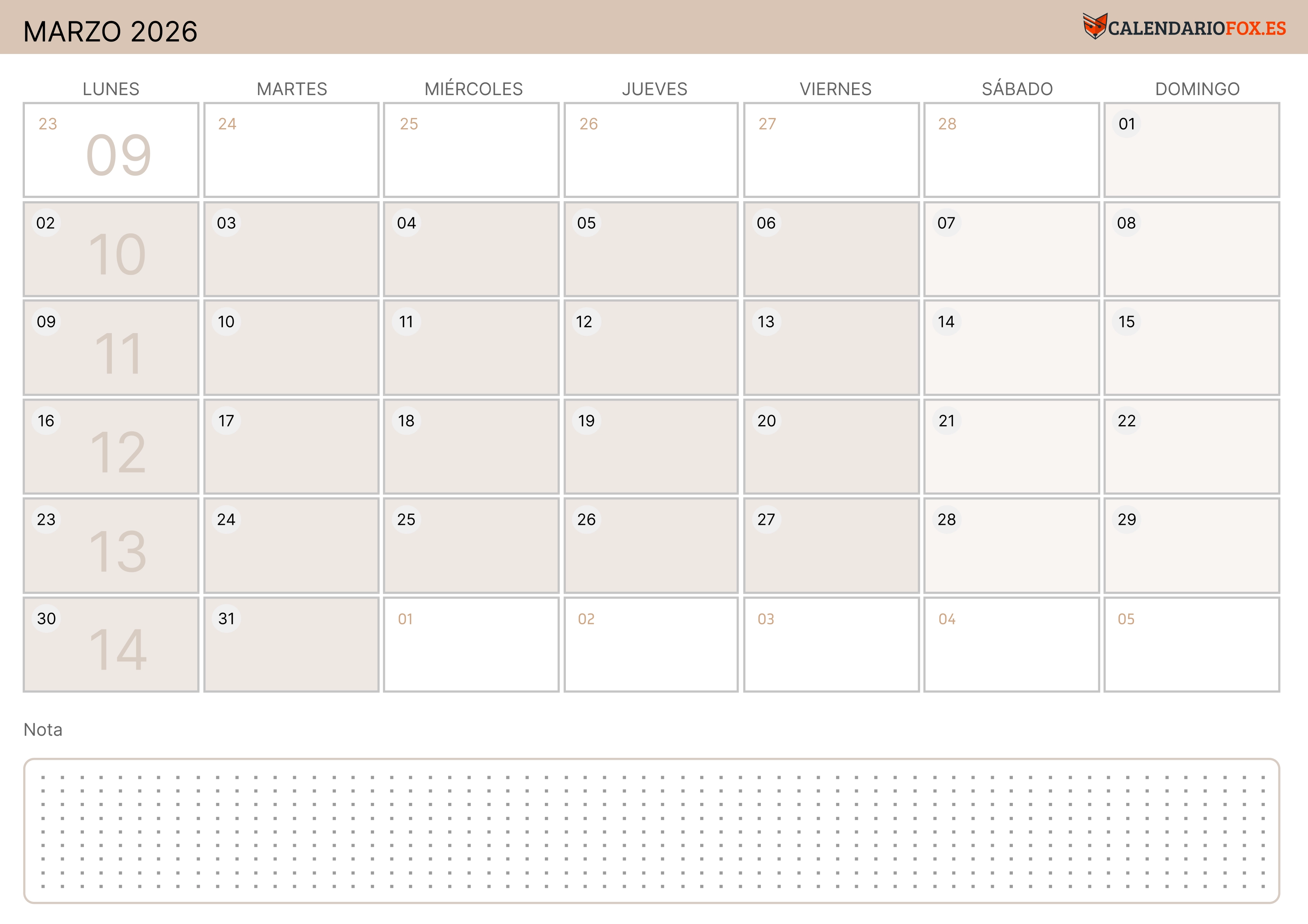 Calendario Marzo 2026 Moderno