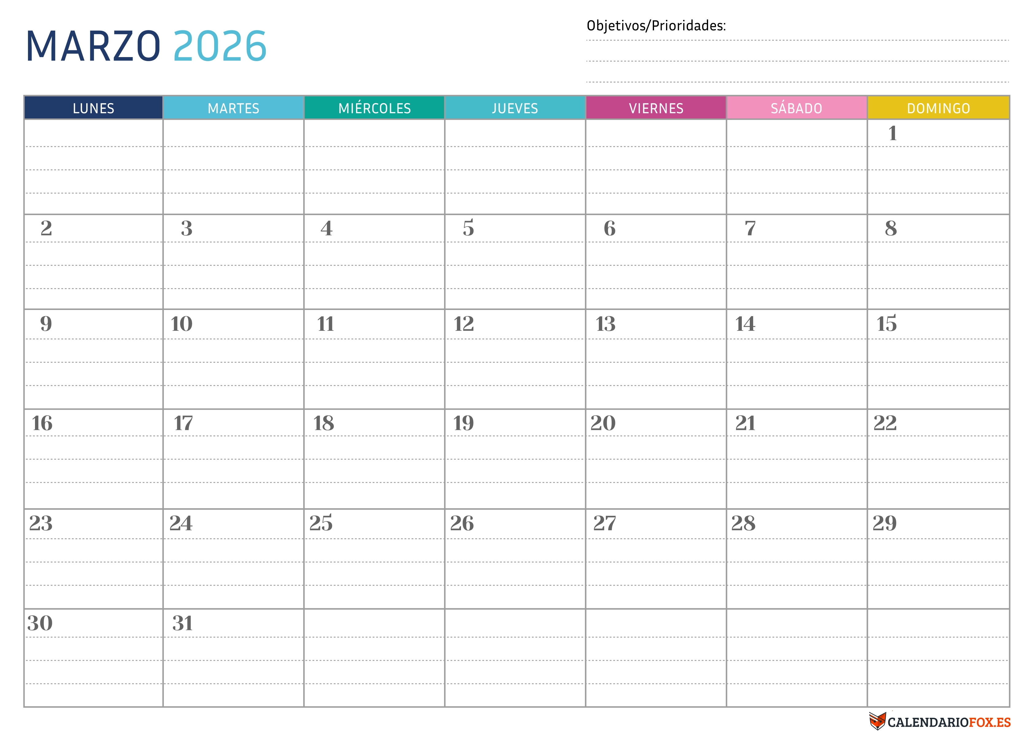 Calendario Marzo 2026 Punteado