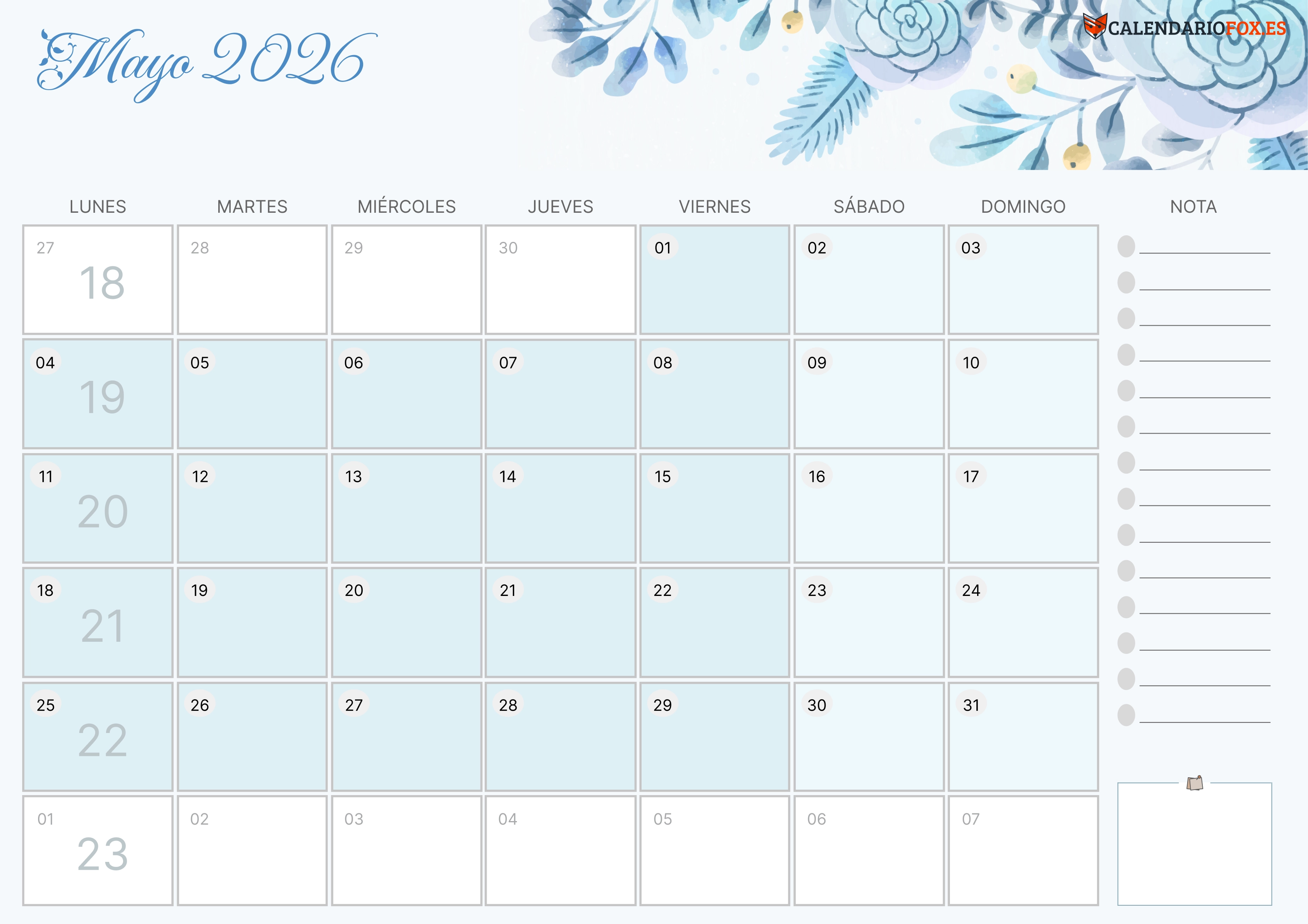 Calendario Mayo 2026 Aesthetic