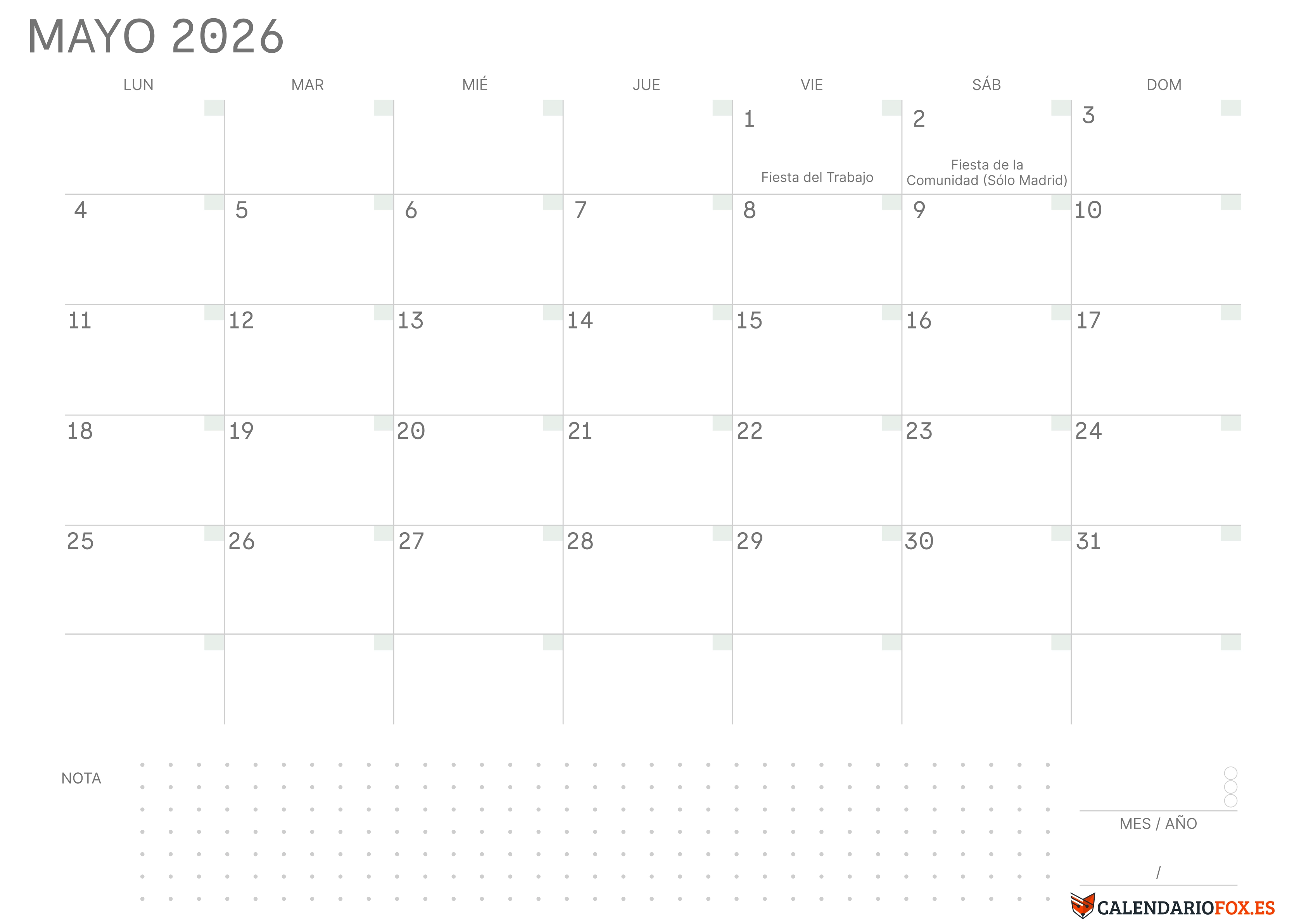 Calendario Mayo 2026