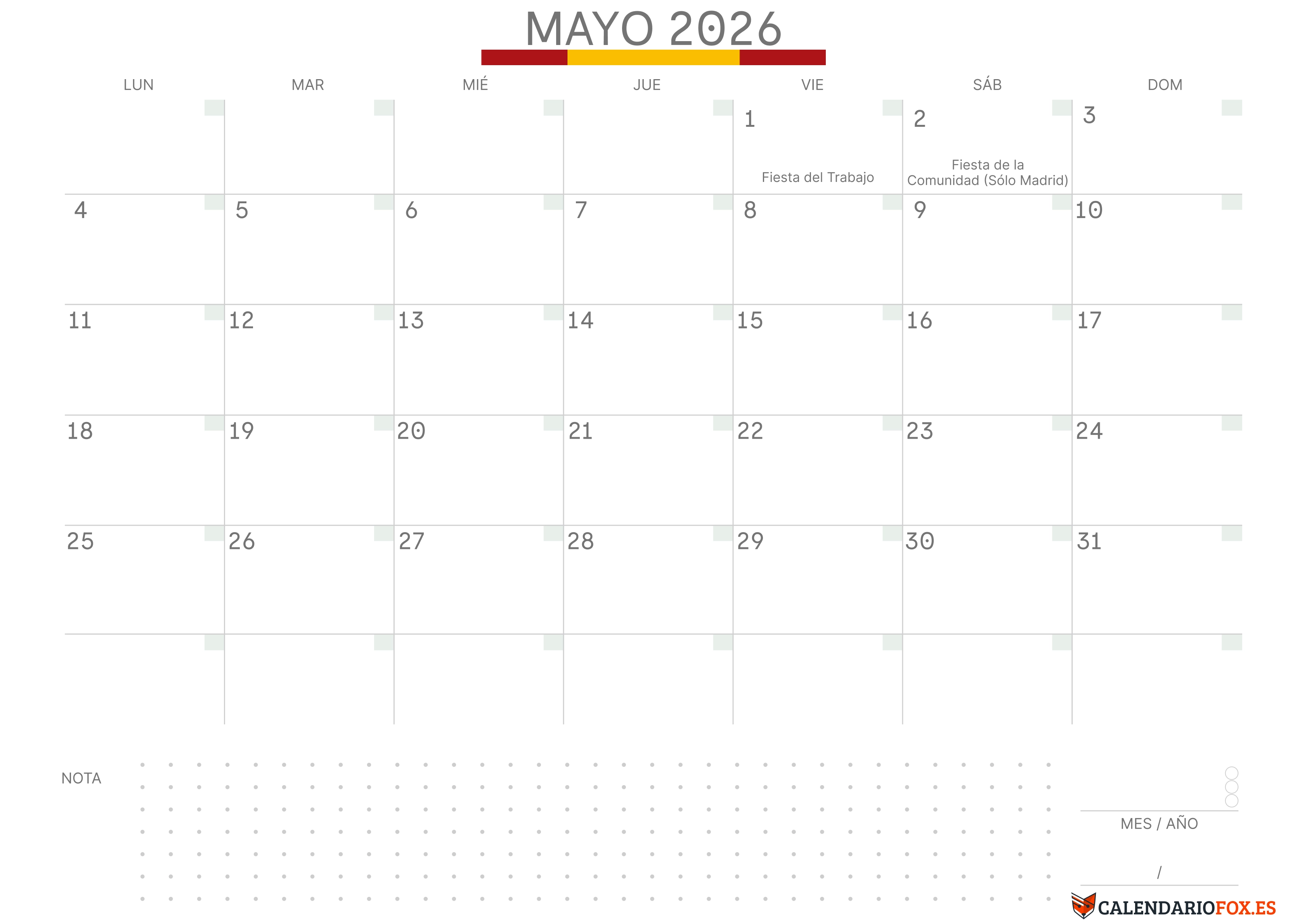 Calendario Mayo 2026 con Bandera de España