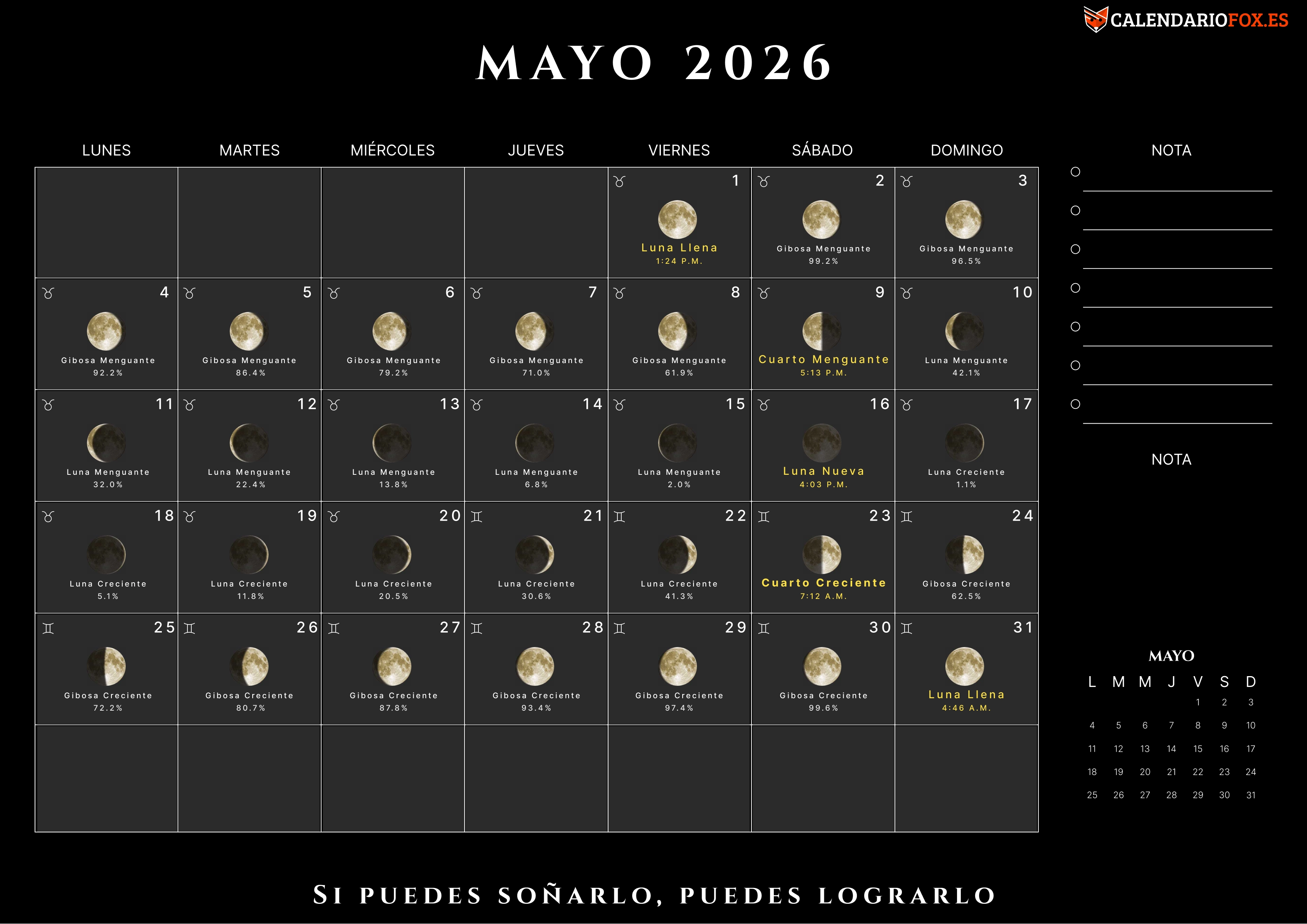 Calendario Mayo 2026 con Fases Lunares