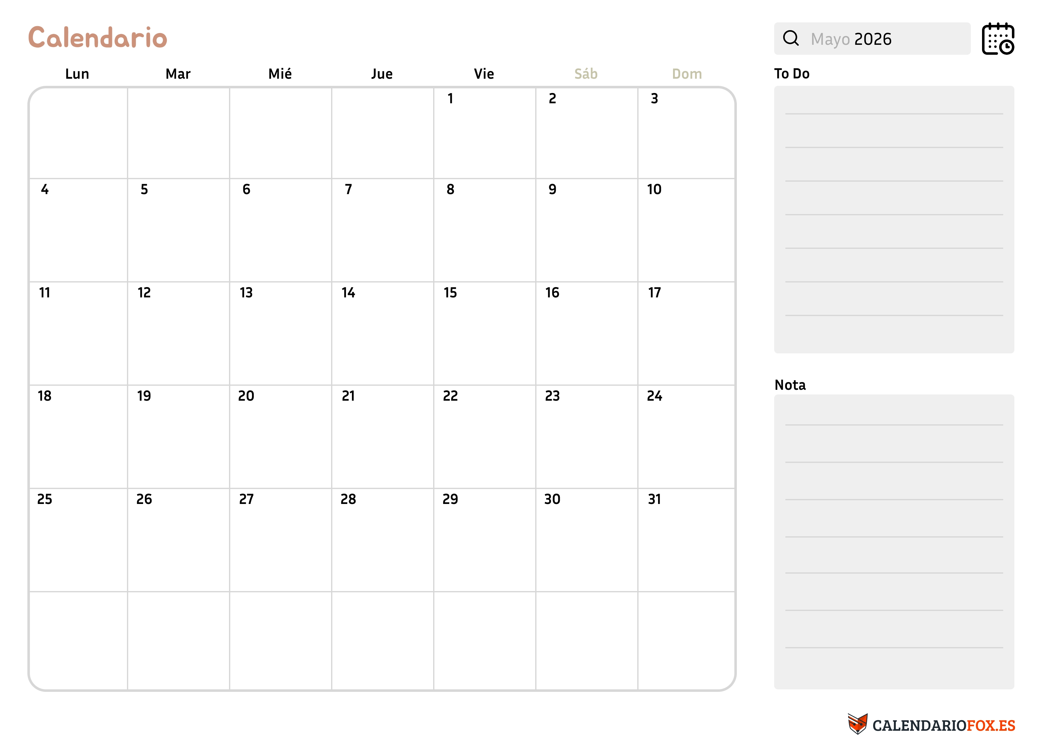 Calendario Mayo 2026 con Notas