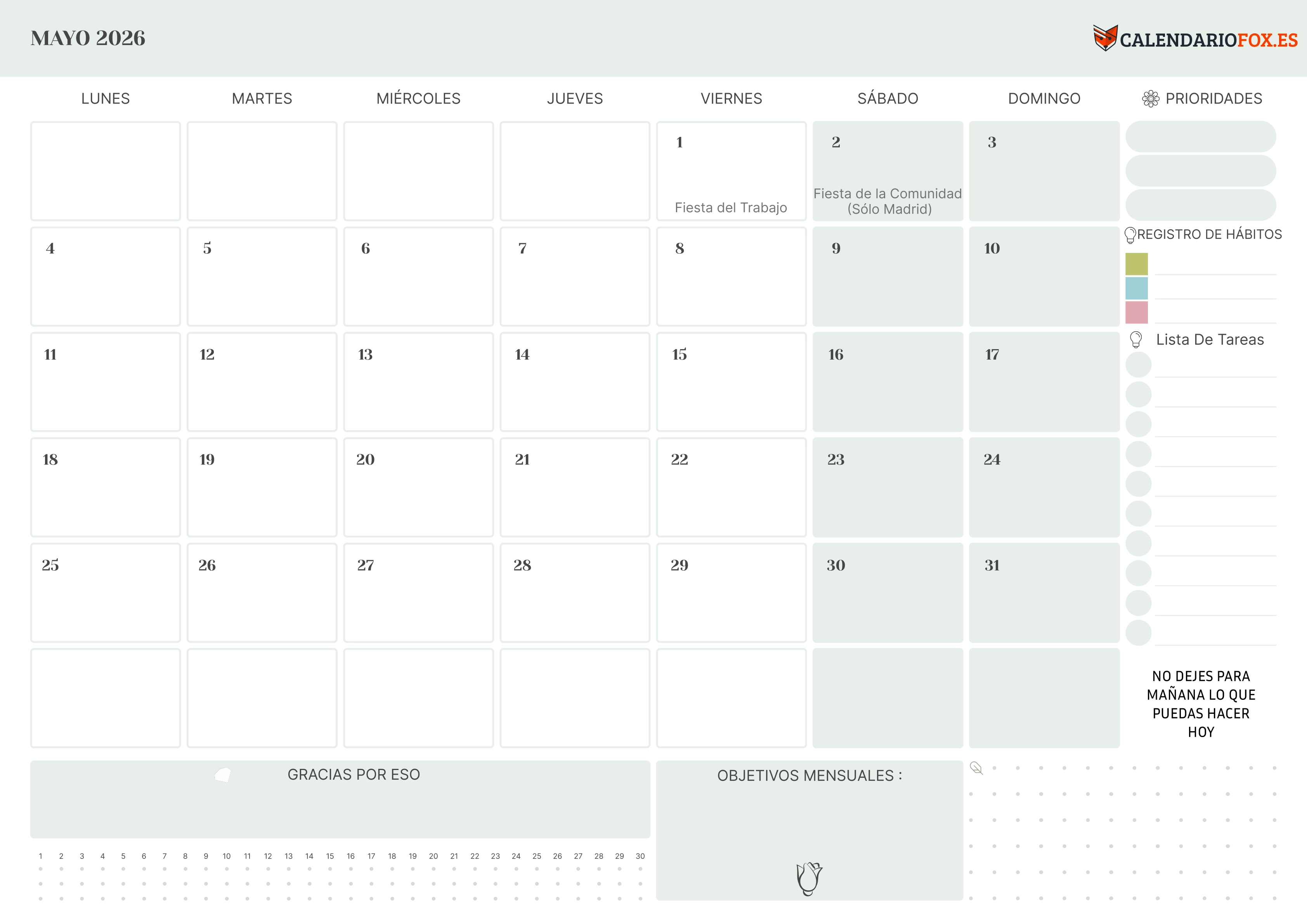 Calendario Mayo 2026 con Prioridades