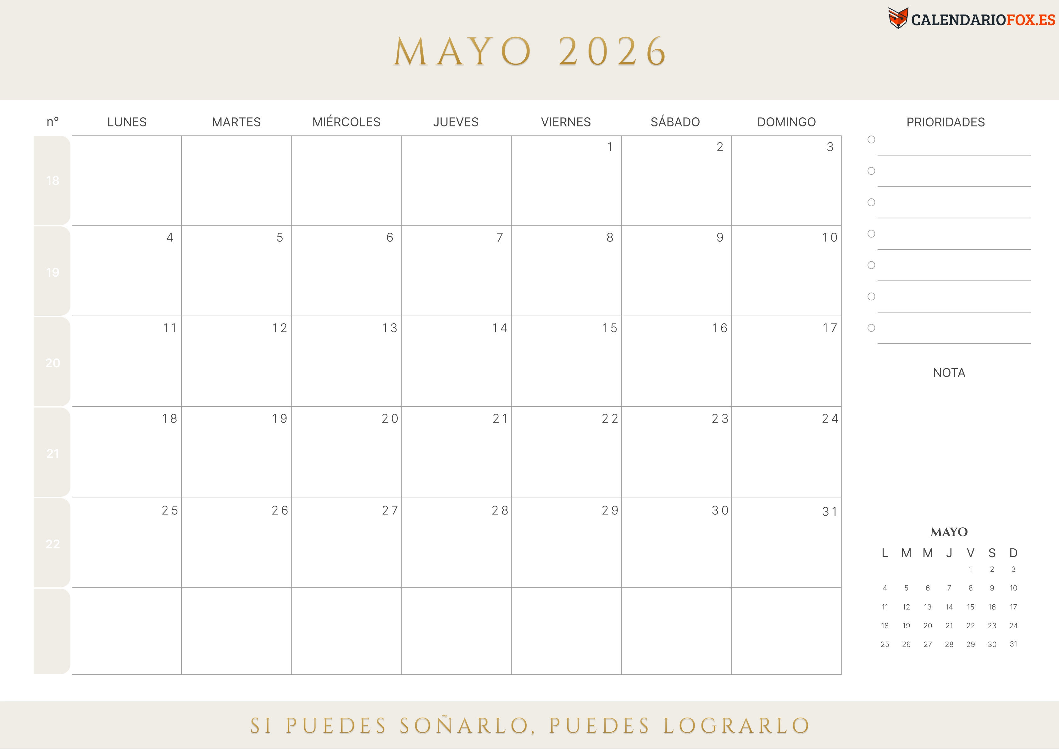 Calendario Mayo 2026 con Semanas
