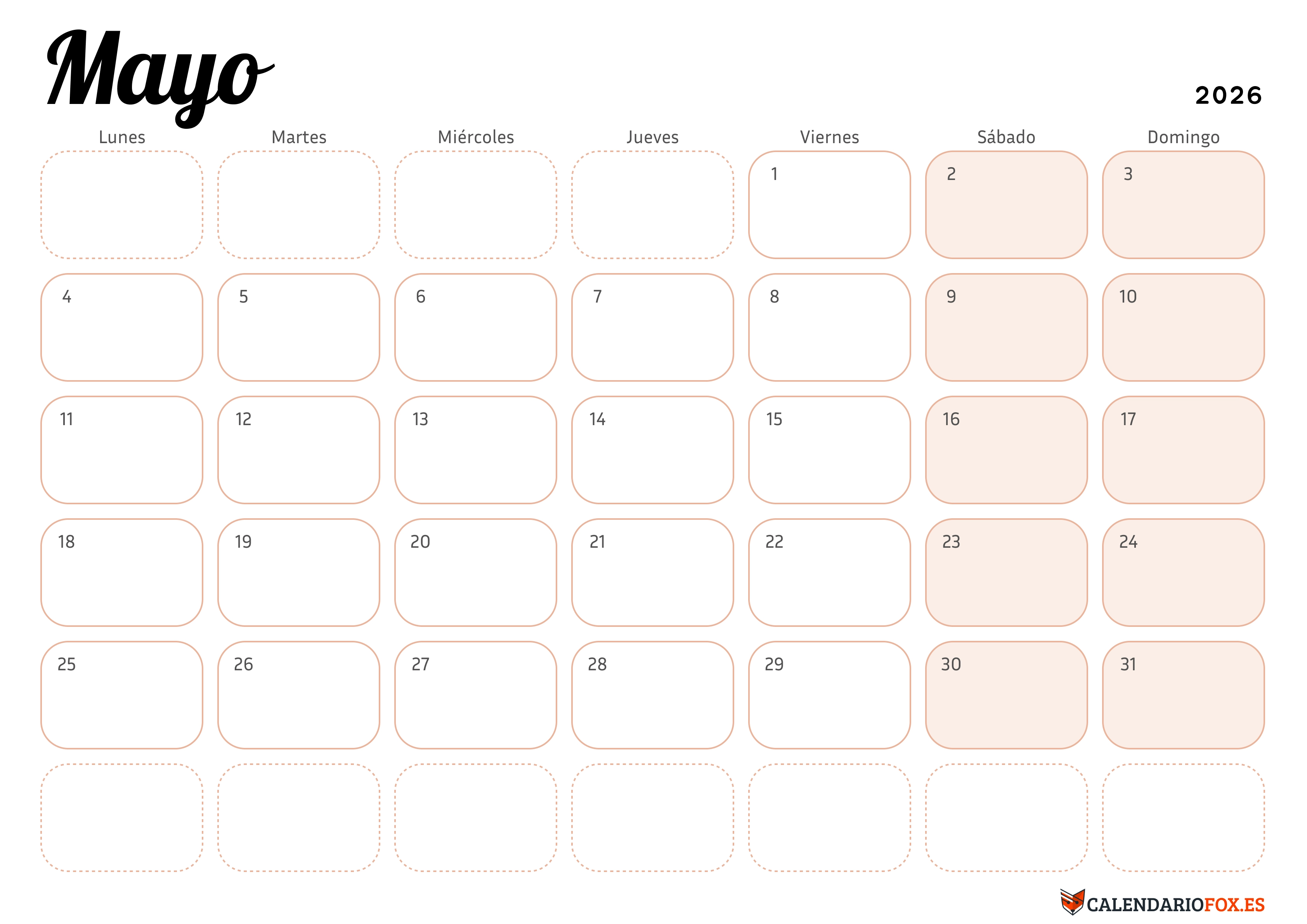 Calendario Mayo 2026 Elegante