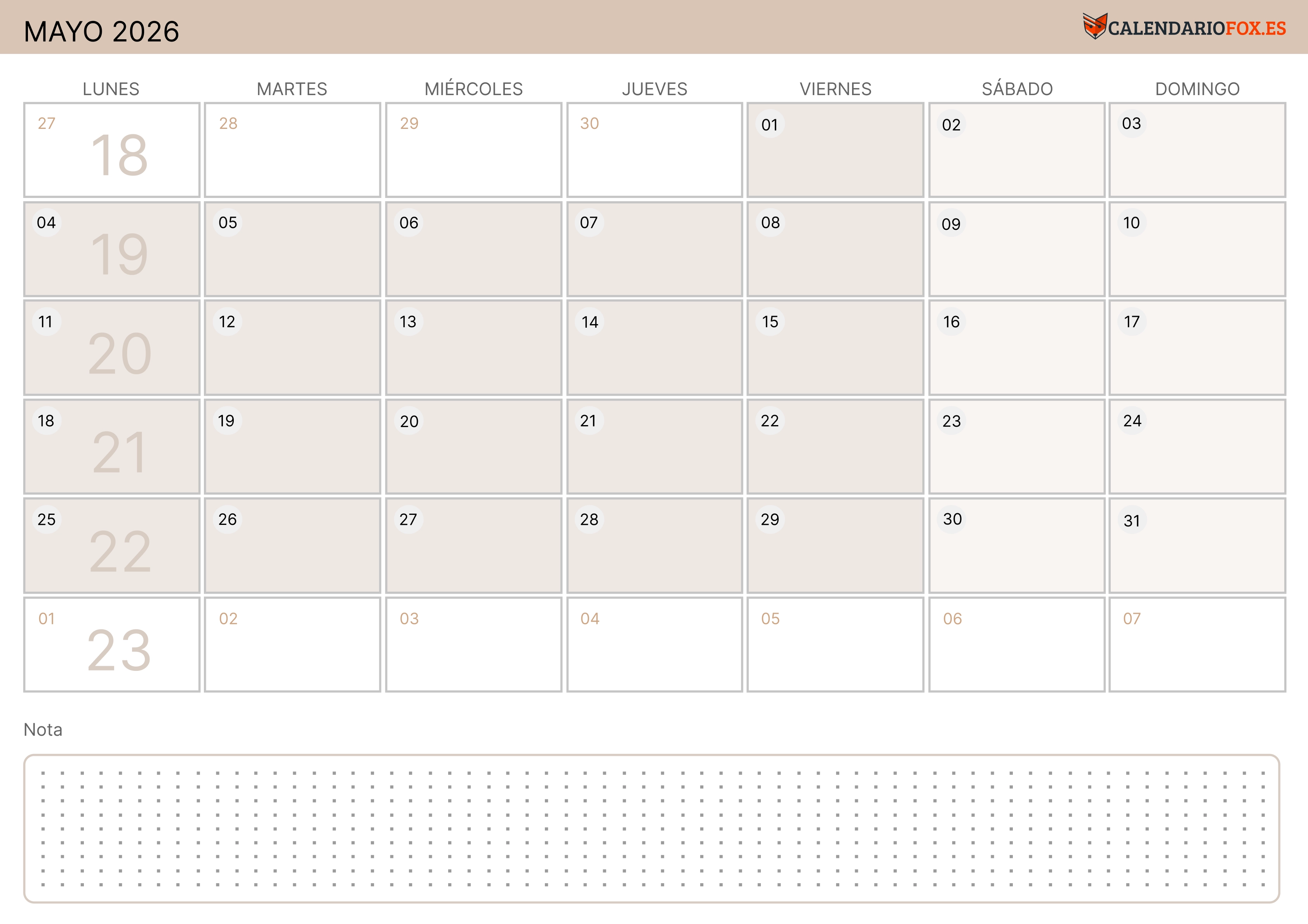 Calendario Mayo 2026 Moderno