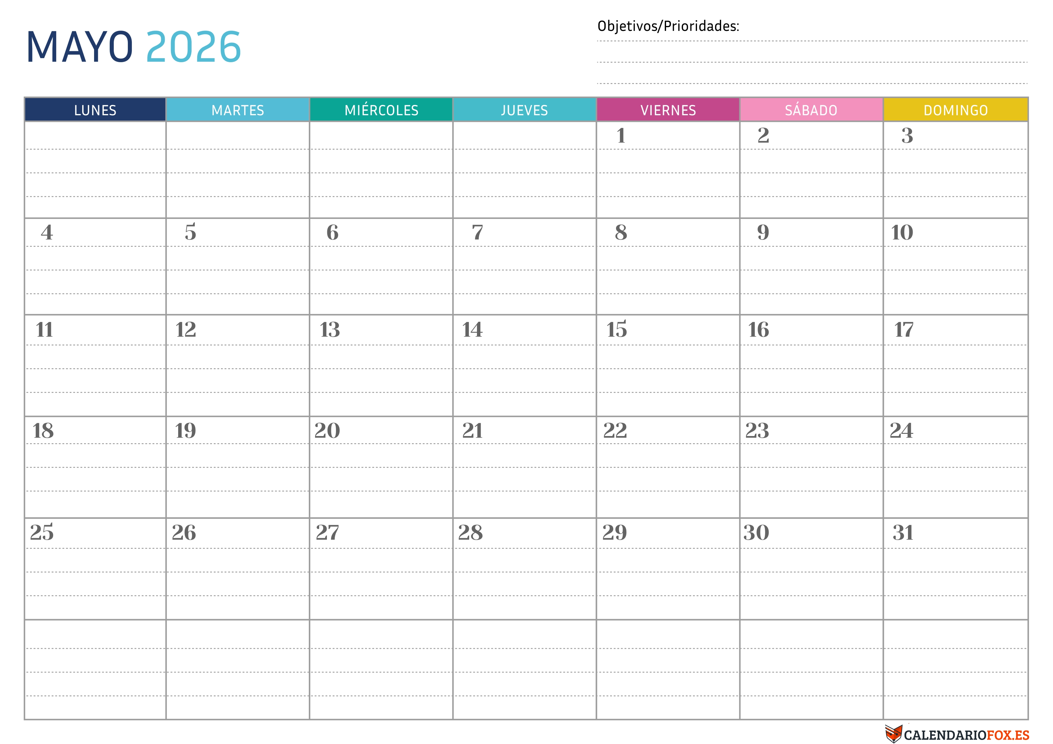 Calendario Mayo 2026 Punteado