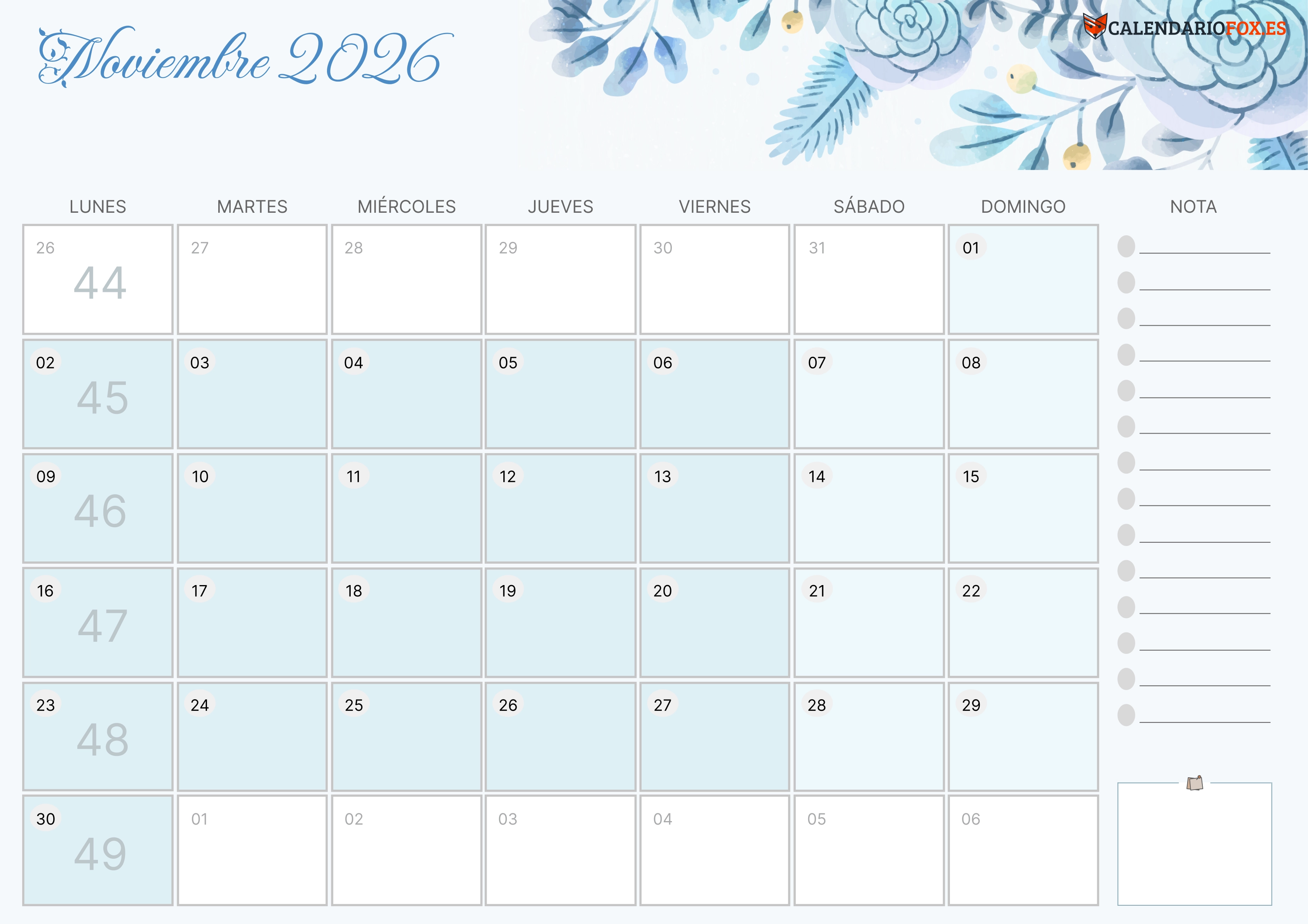 Calendario Noviembre 2026 Aesthetic