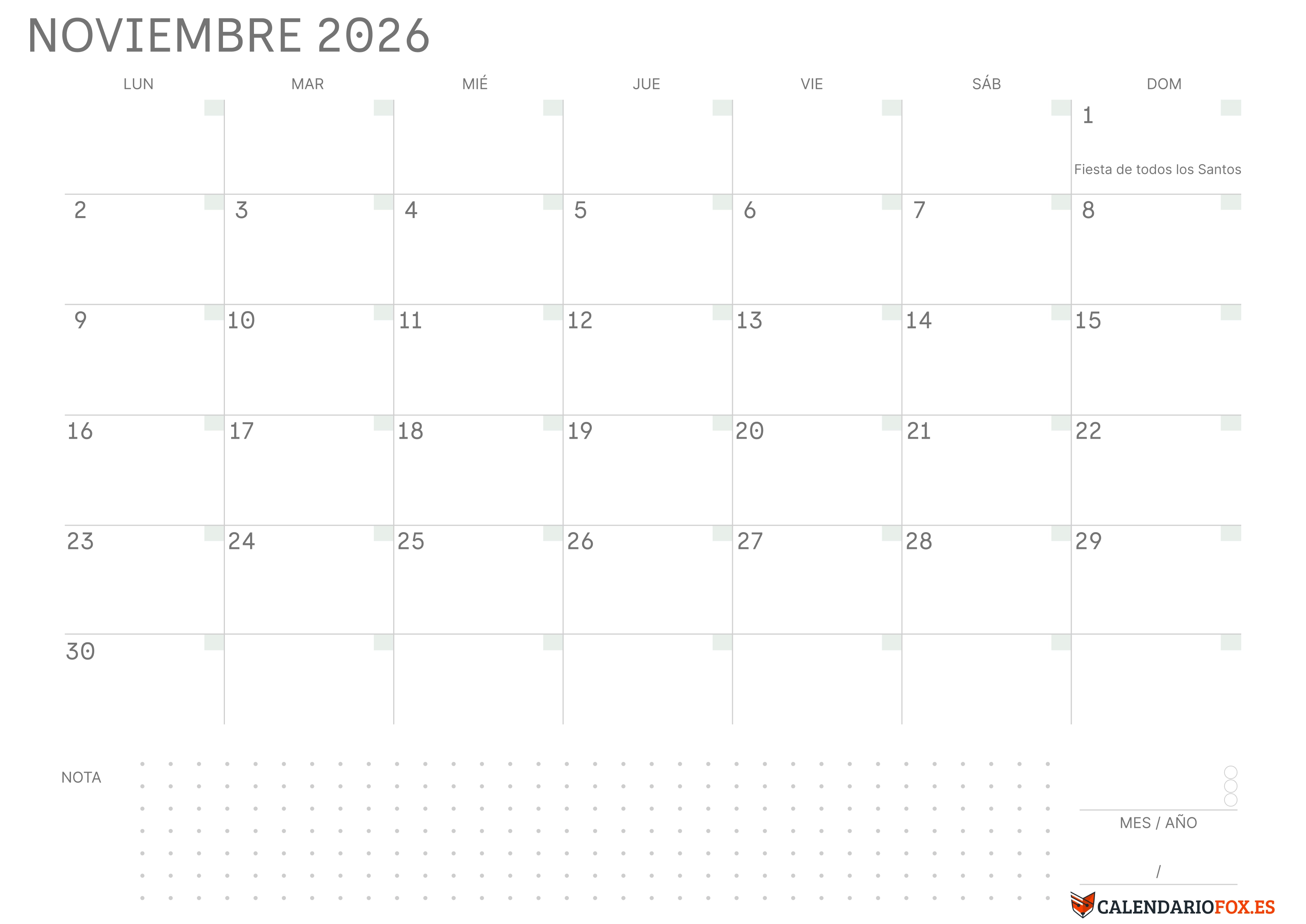 Calendario Noviembre 2026 en Blanco