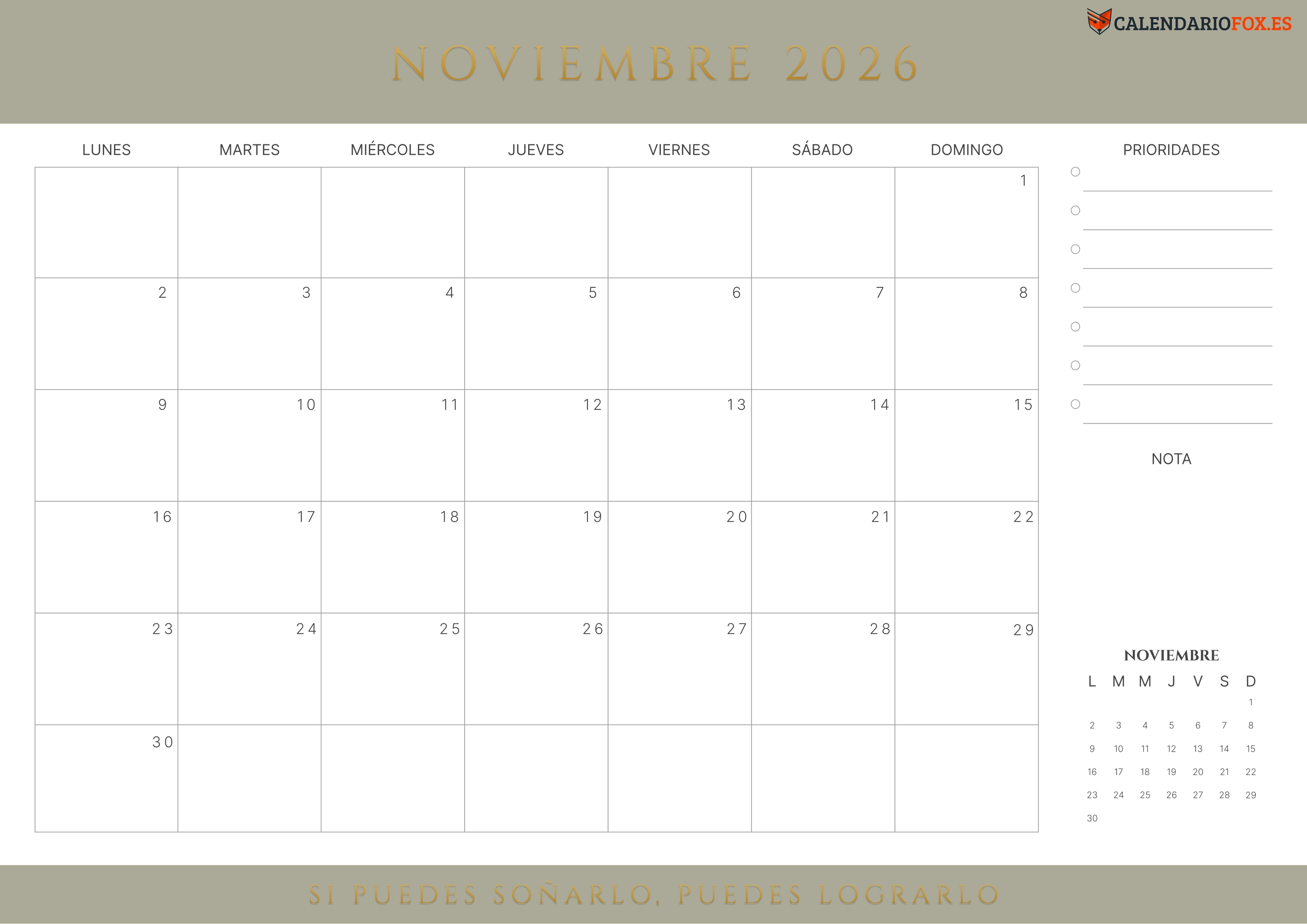 Calendario Noviembre 2026 con Citas